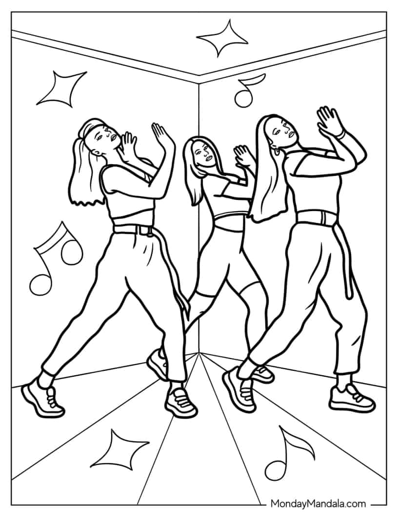 Three Woman Dancing Hip Hop in Studio coloring page