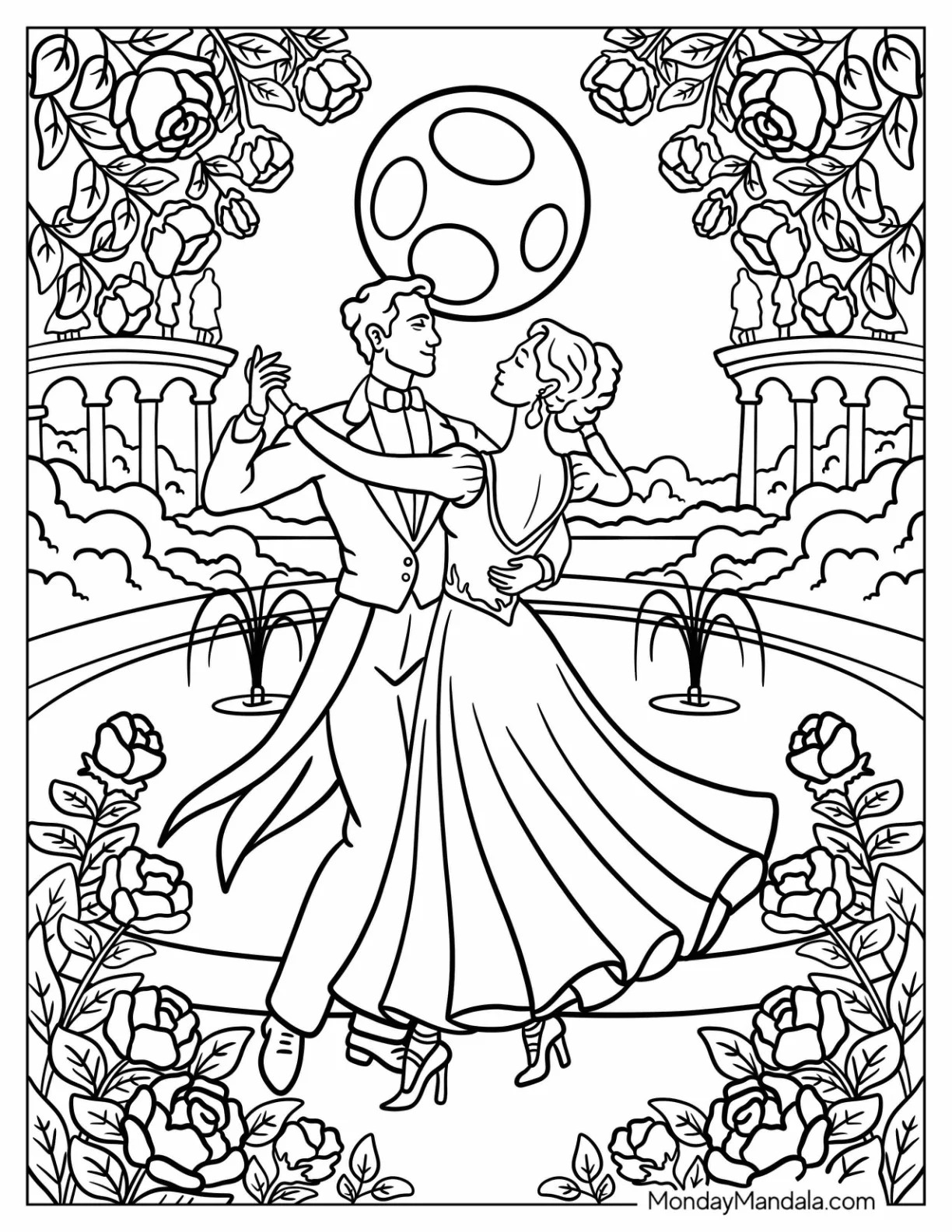 Waltz Dance Couple Performing Under Moonlit Sky in a Rose Garden Dancing Coloring Page coloring page