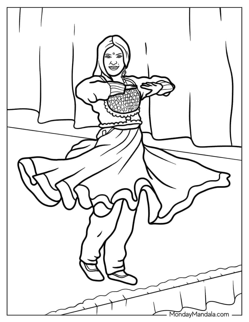 Woman Dancing North Indian Classical Dance Kathak coloring page — printable line art