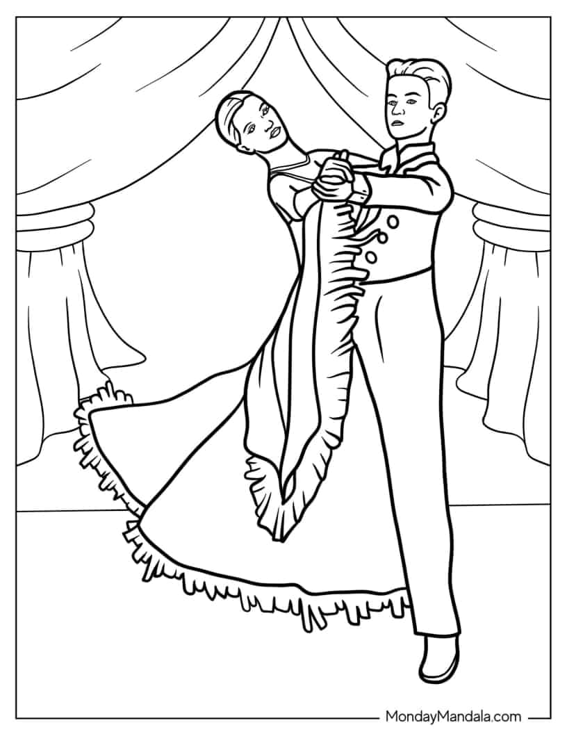 Young Dancers Doing Waltz coloring page — printable line art