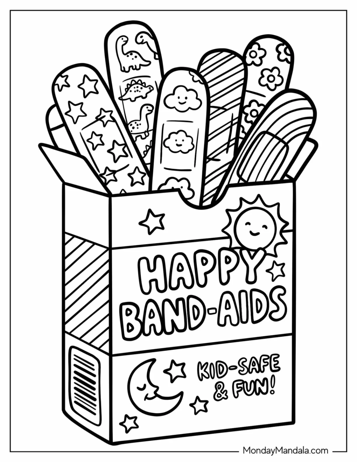 Box of Happy Band Aids with Designs Coloring Sheet coloring page