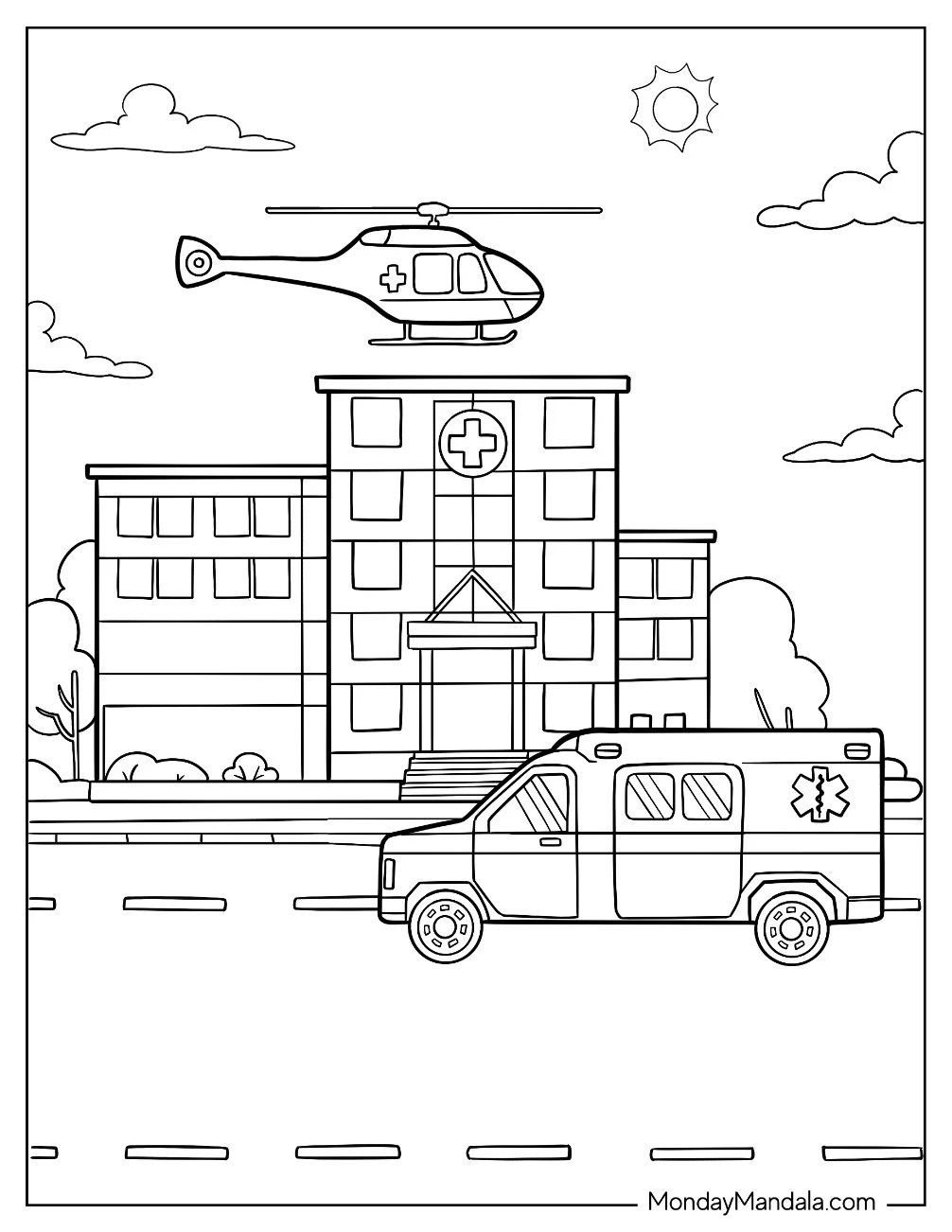 Doctor & Nurse Coloring Page Of Ambulance And Helicopter Heading To A Hospital coloring page