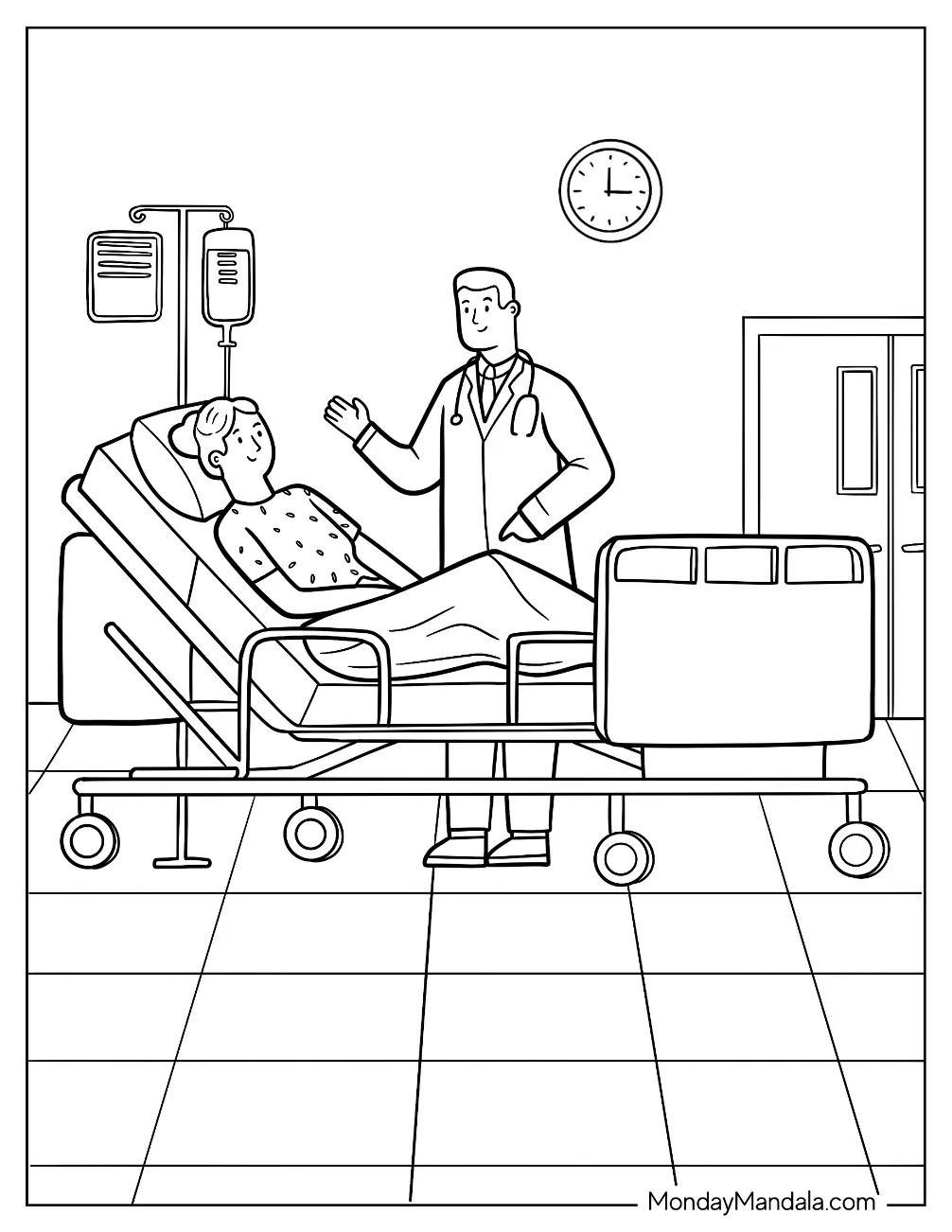 Doctor & Nurse Coloring Page Of Checking A Patient In Bed coloring page