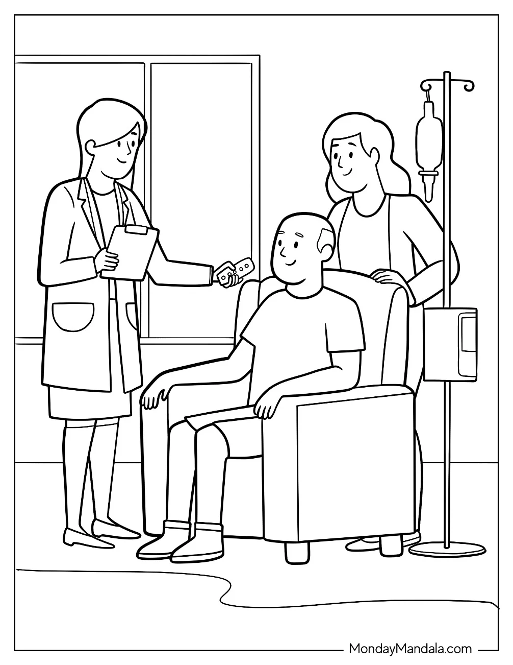 Doctor & Nurse Coloring Page Of Checking On An Elderly Patient coloring page