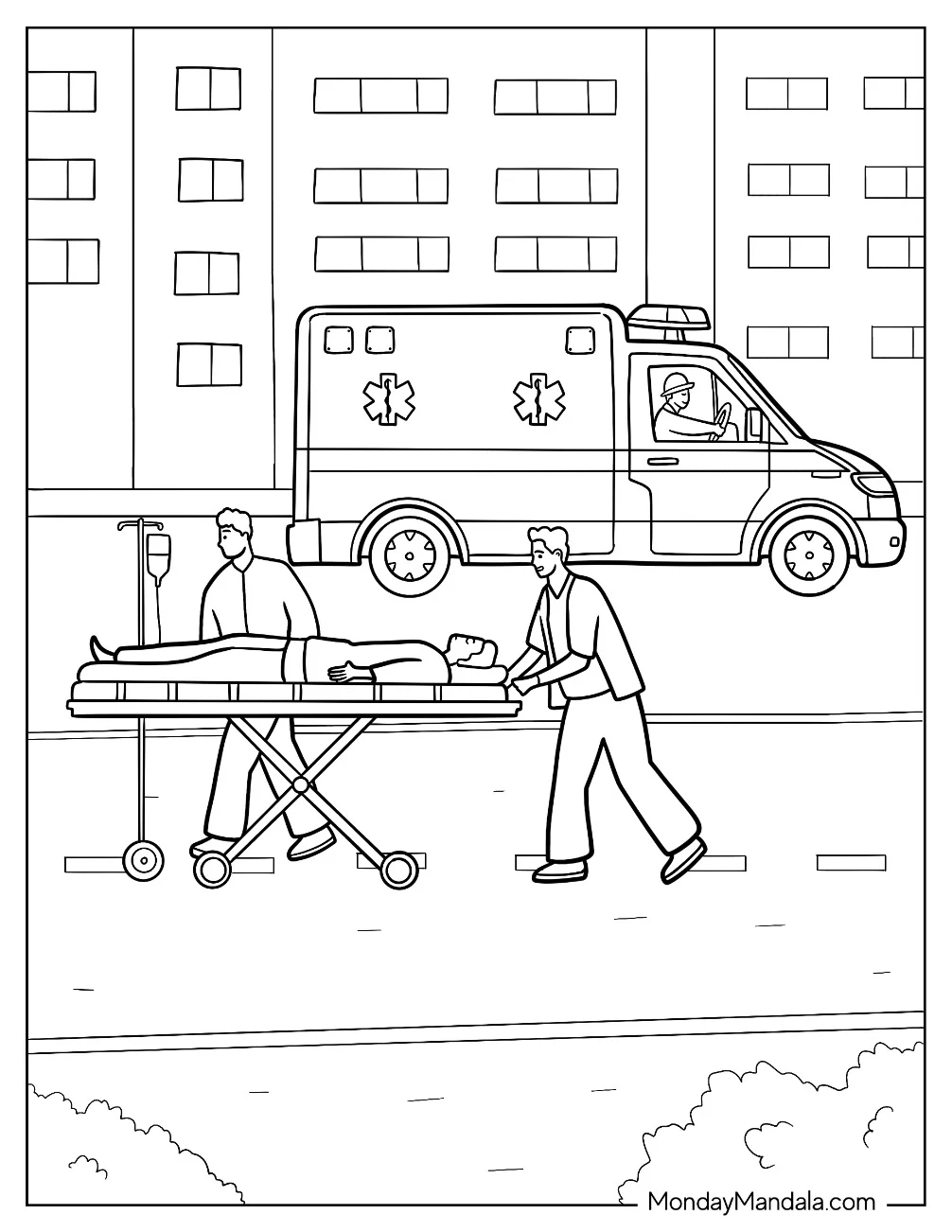 Doctor & Nurse Coloring Page Of Paramedics With A Patient In A Gurney coloring page