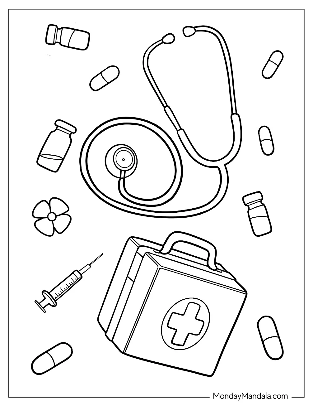 Doctor & Nurse Coloring Page Of Stethoscope, First Aid Kit, And A Syringe coloring page