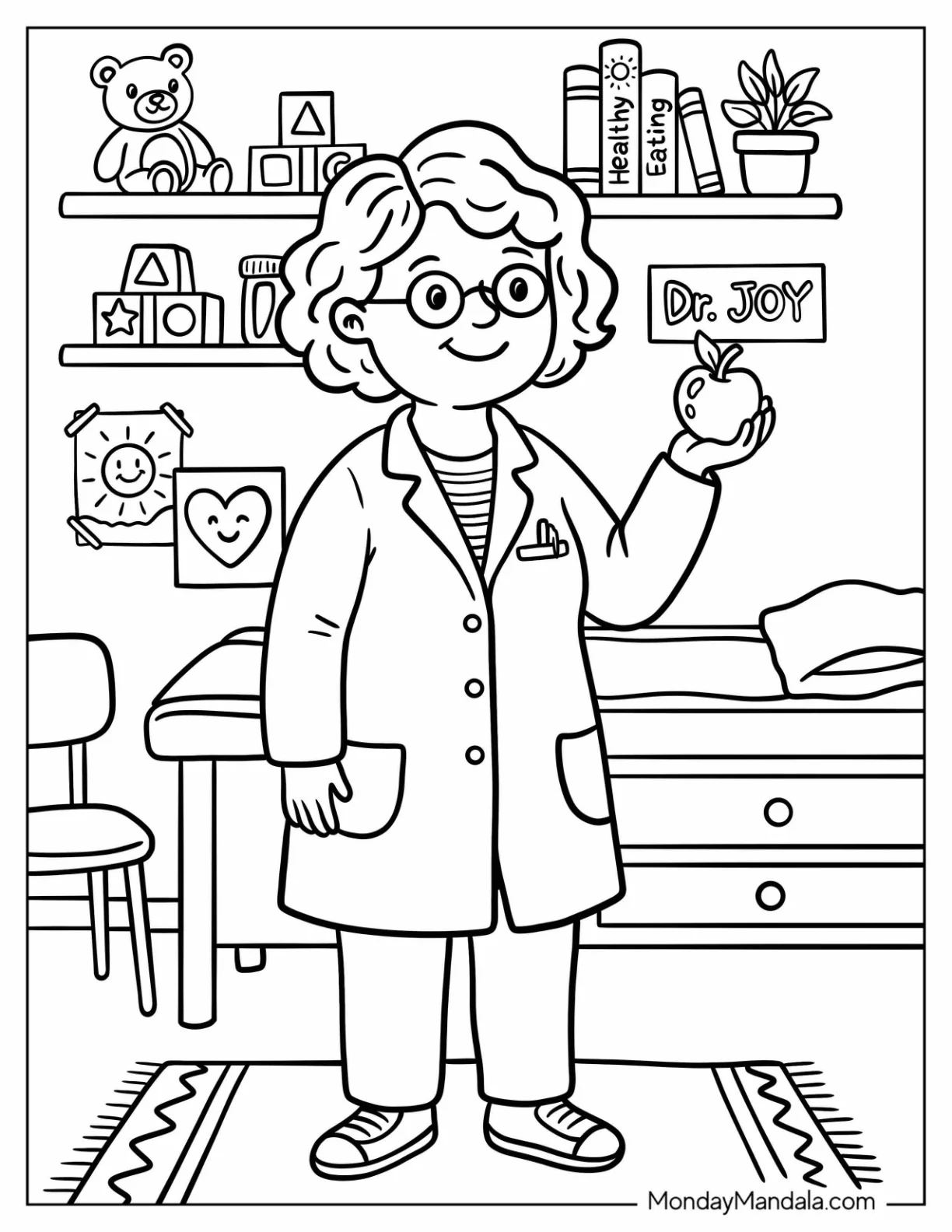 Doctor Holding an Apple in her Office coloring page