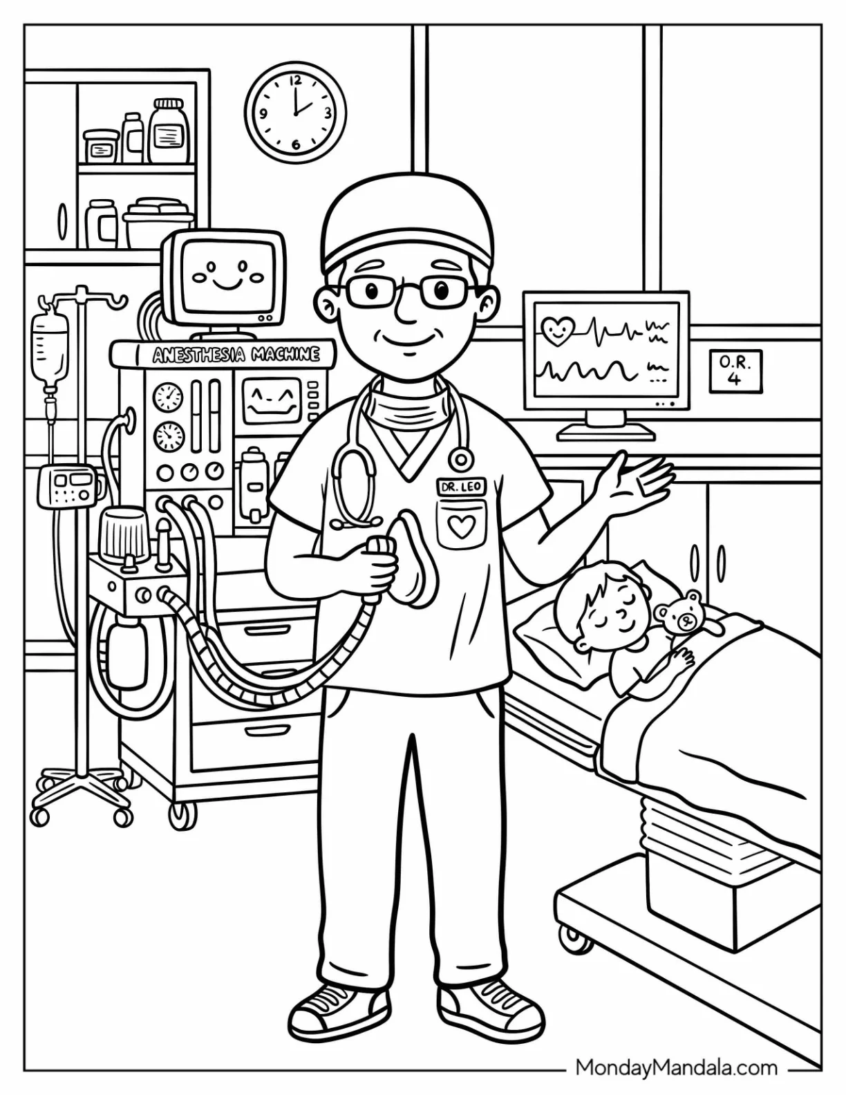Doctor Holding Oxygen Mask Next to Child Patient coloring page
