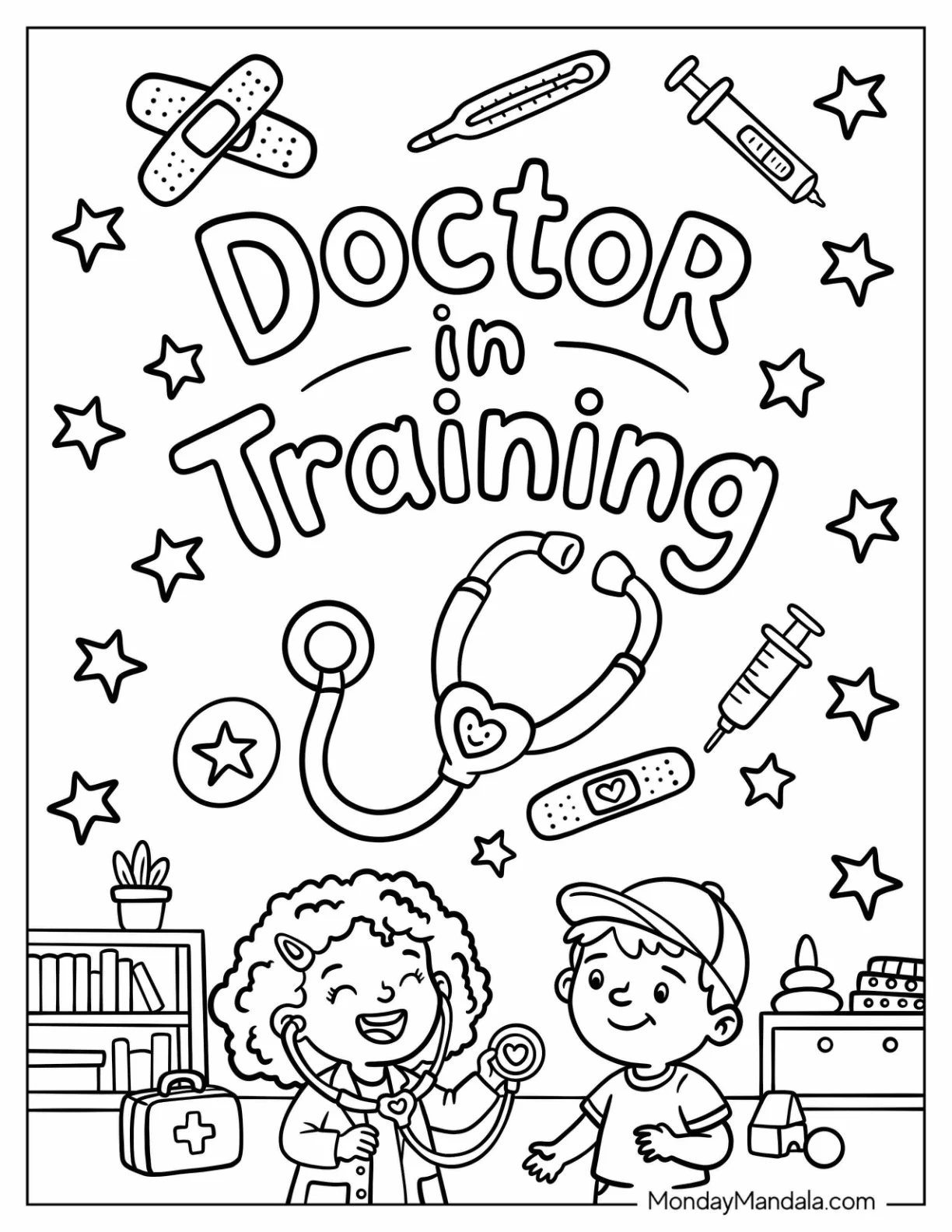 Doctor in Training Treating a Boy Coloring Page coloring page