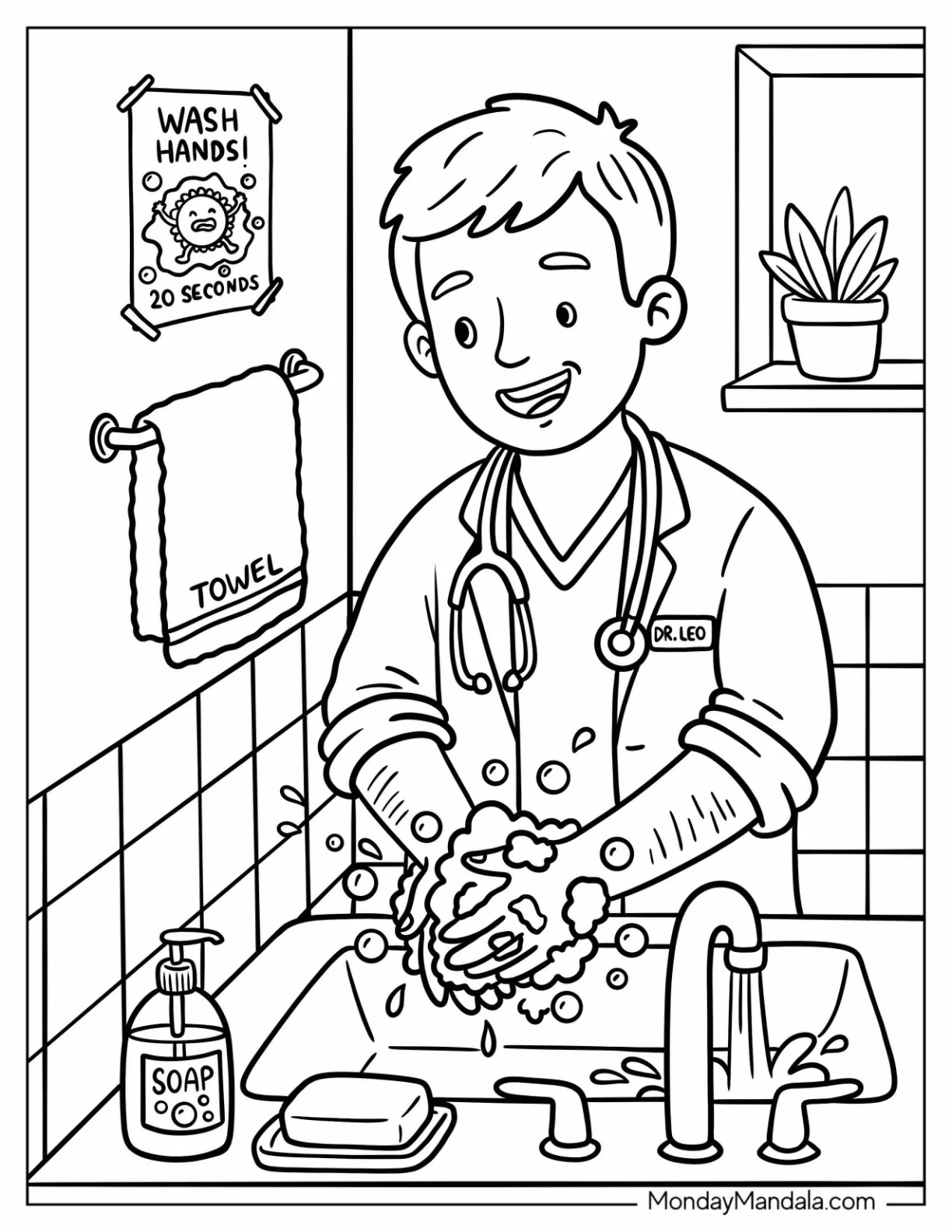 Doctor Scrubbing Hands Before Surgery coloring page