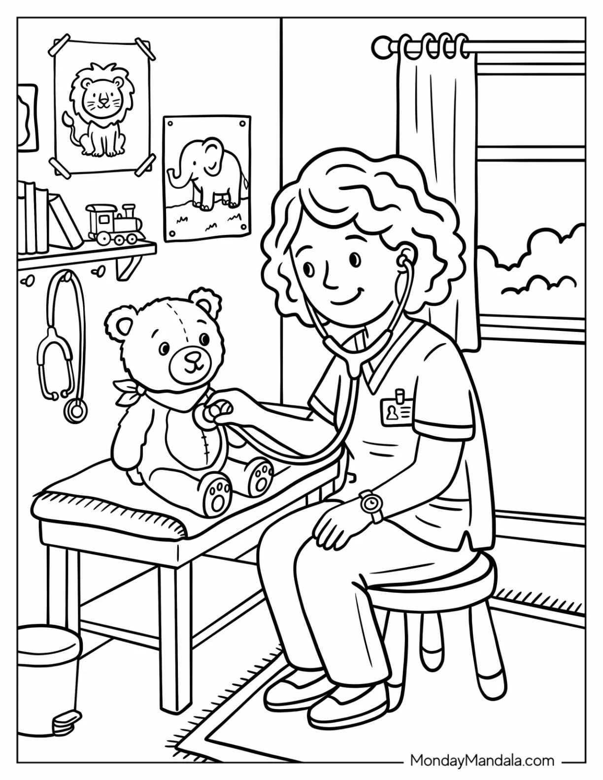 Doctor Using Stethoscope on a Teddy Bear Coloring Page coloring page