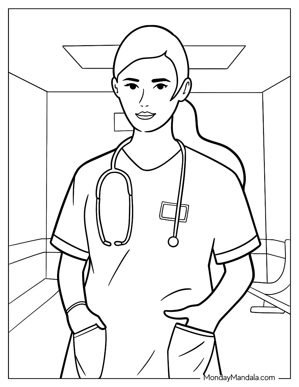 Easy Doctor & Nurse Coloring Page In Scrubs For Kids coloring page