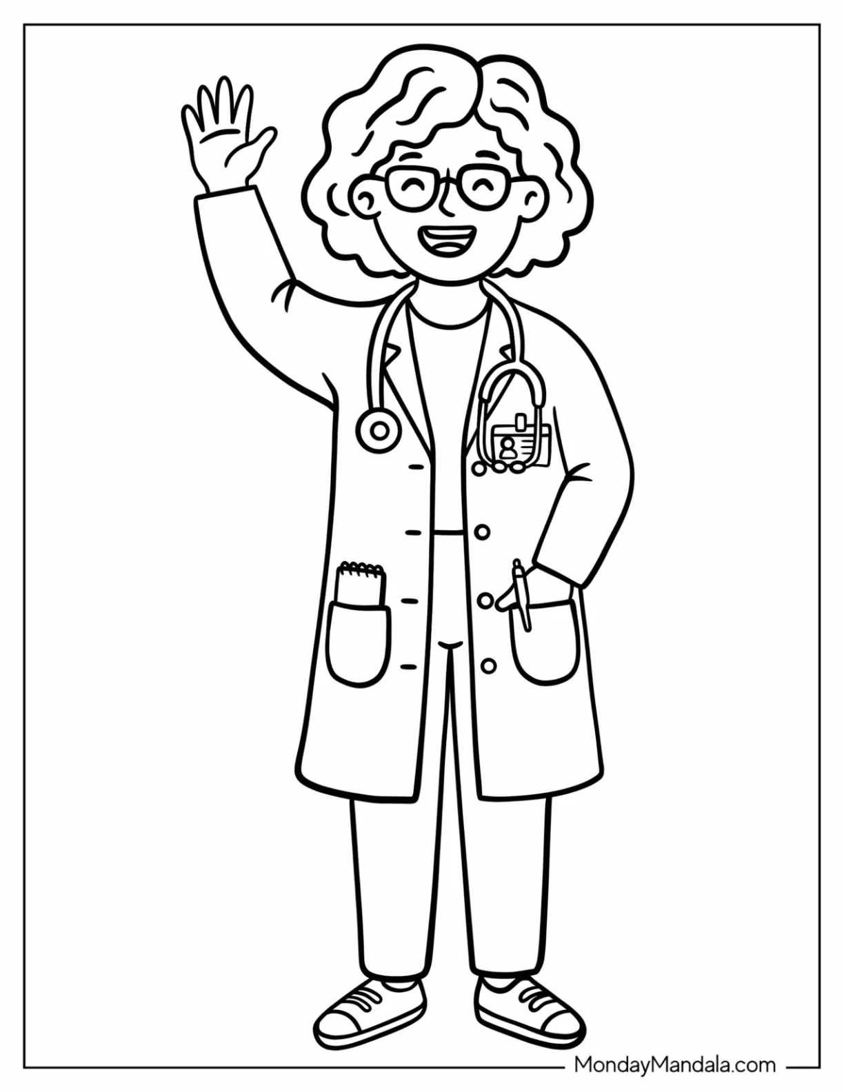 Energetic Doctor with Stethoscope and Coat Waving Coloring Sheet for Kids coloring page