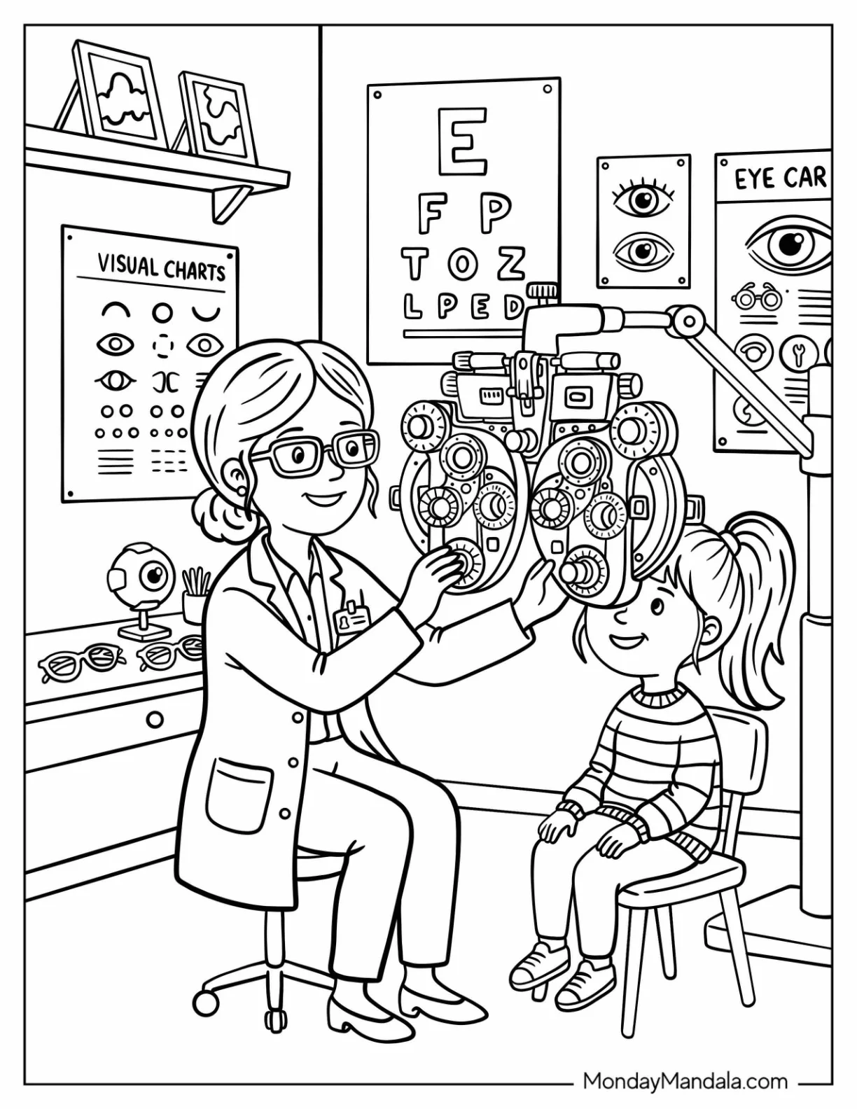 Eye Doctor Checking A Little Girl s Vision Coloring Sheet coloring page