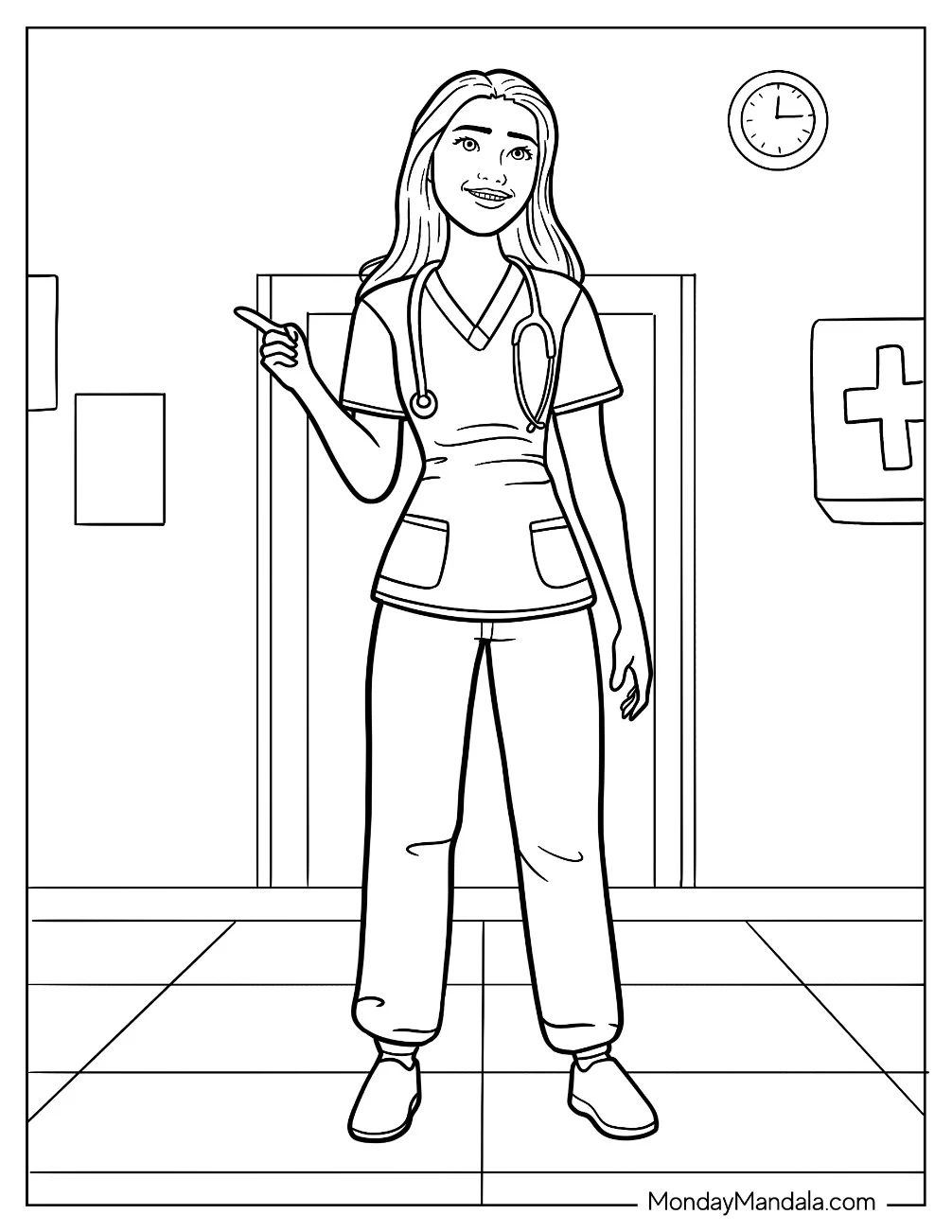 Female Doctor & Nurse Coloring Page In Scrubs For Kids coloring page