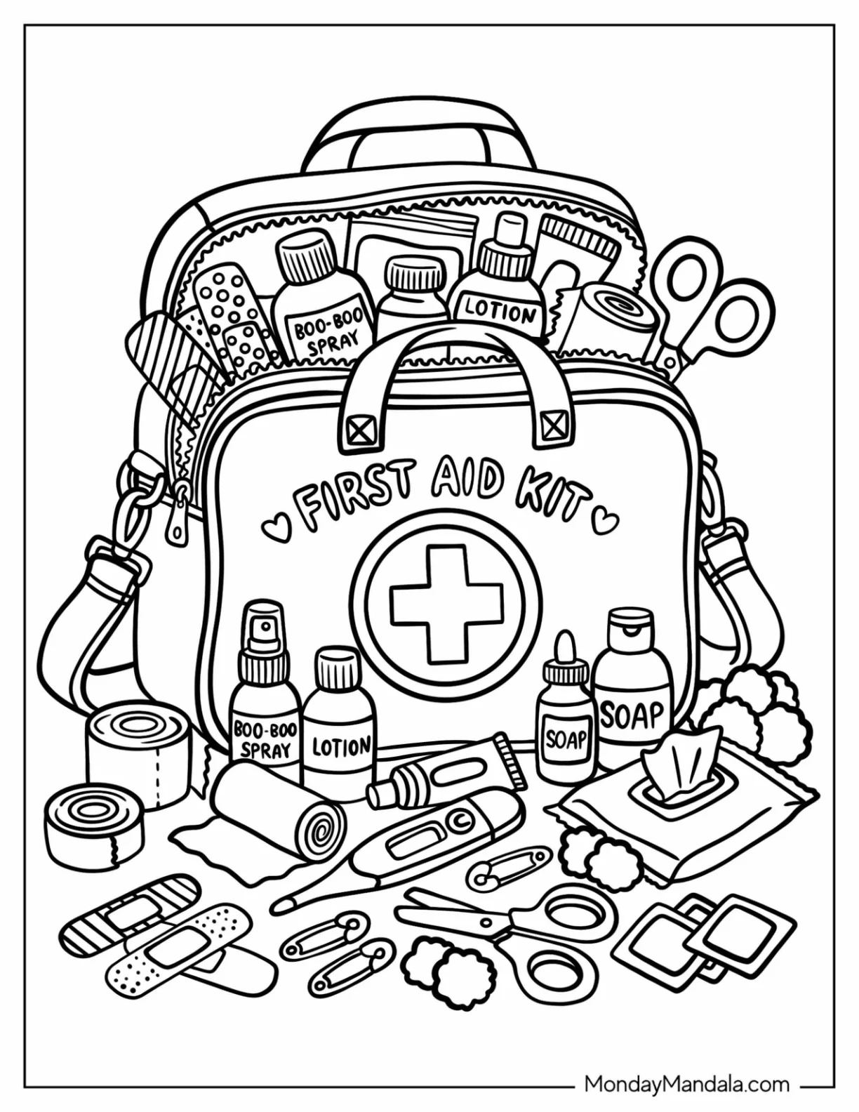 First Aid Kit Full of Medicines and Tools Coloring Page coloring page