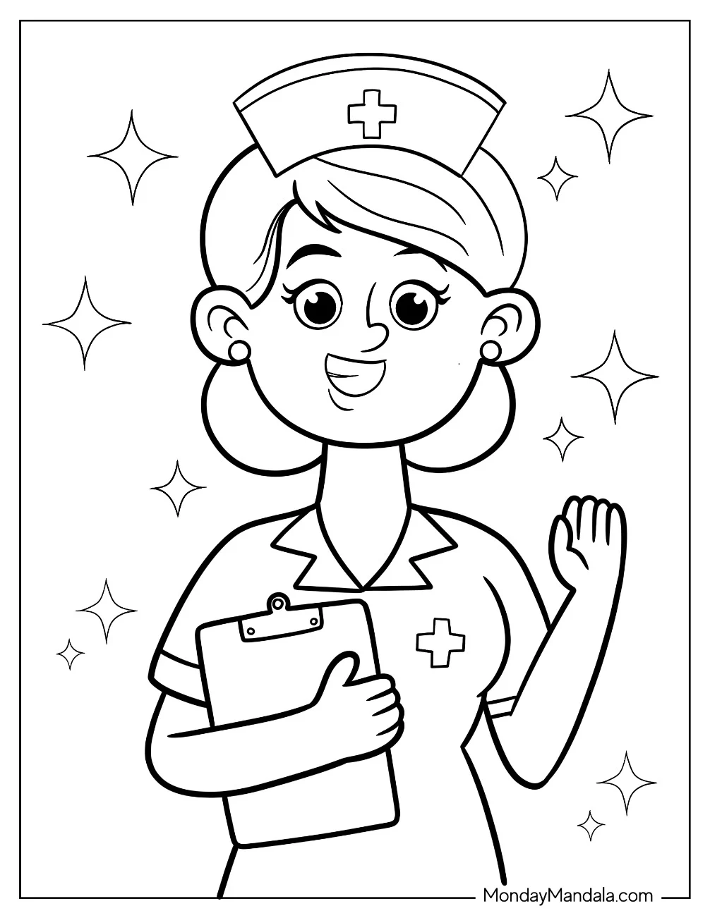 Friendly Doctor & Nurse Coloring Page With Sparkly Background For Kids coloring page