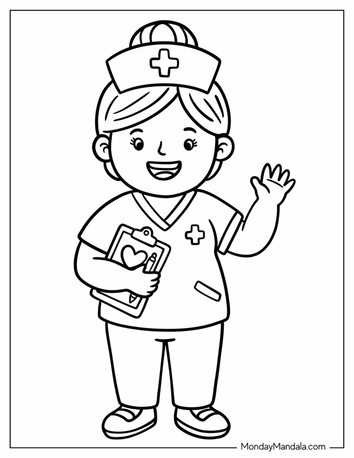 Friendly Doctor with a Medical Chart Waving Coloring Page for Kids coloring page