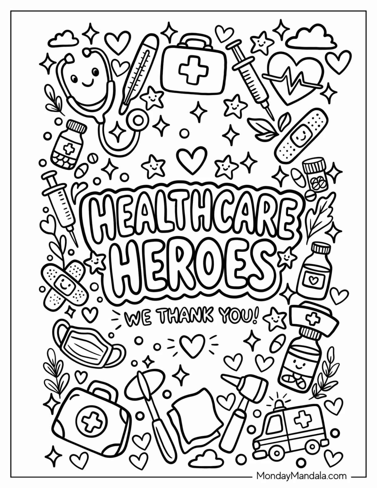 Healthcare Heroes Poster with Medical Instruments, Hearts, and Stars coloring page
