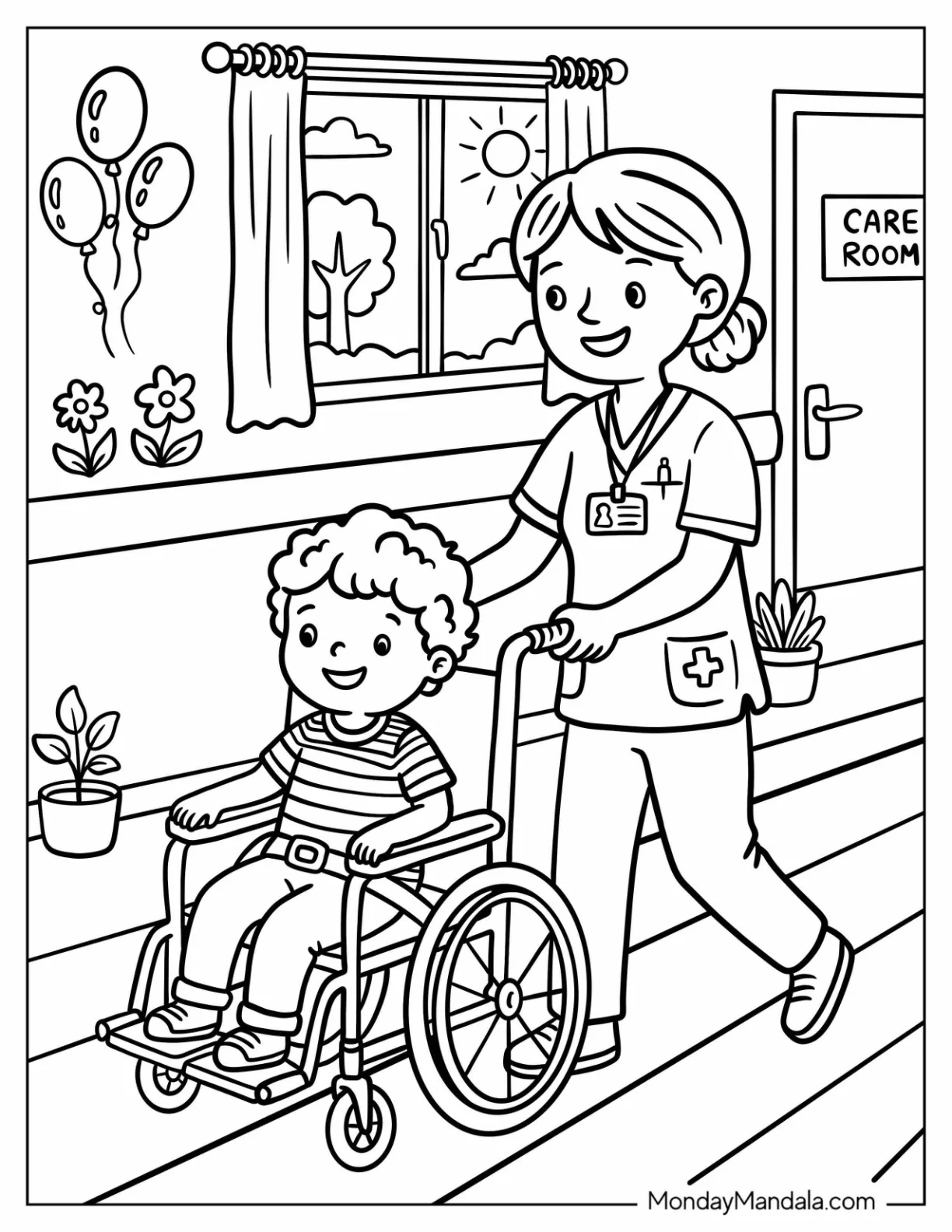 Kind Nurse Pushing a Boy s Wheelchair Coloring Page coloring page