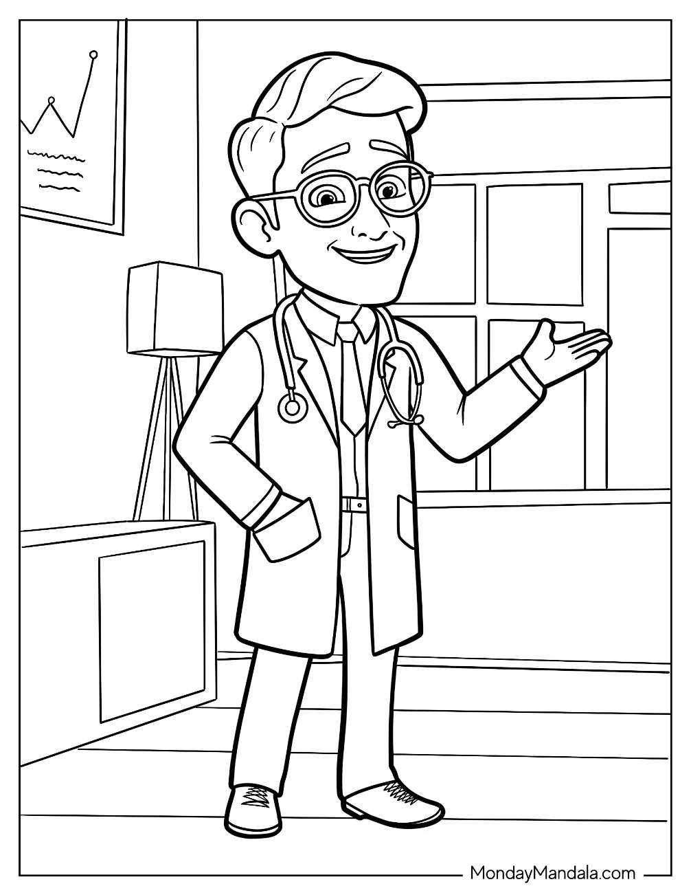 Male Doctor & Nurse Coloring Page In His Office coloring page