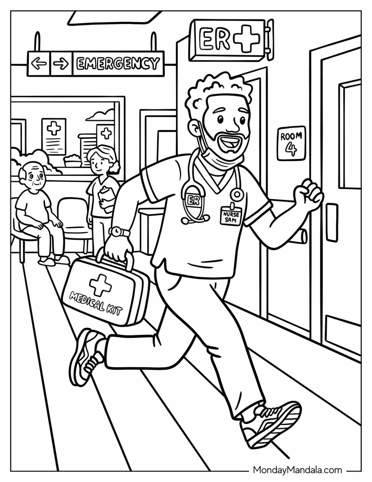 Male Nurse Running in the Hospital with a Medical Kit coloring page