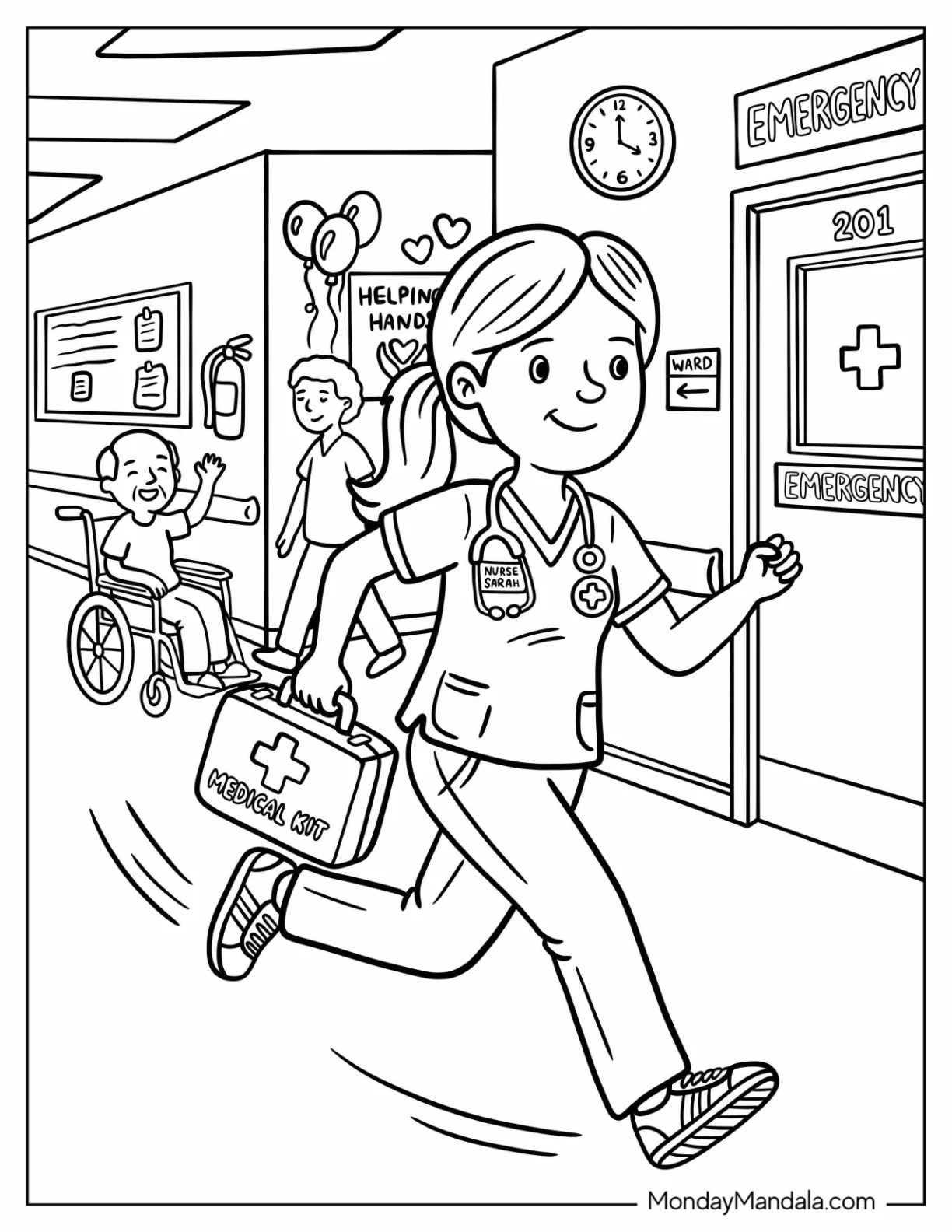 Nurse Running in the Hospital with a Medical Kit coloring page