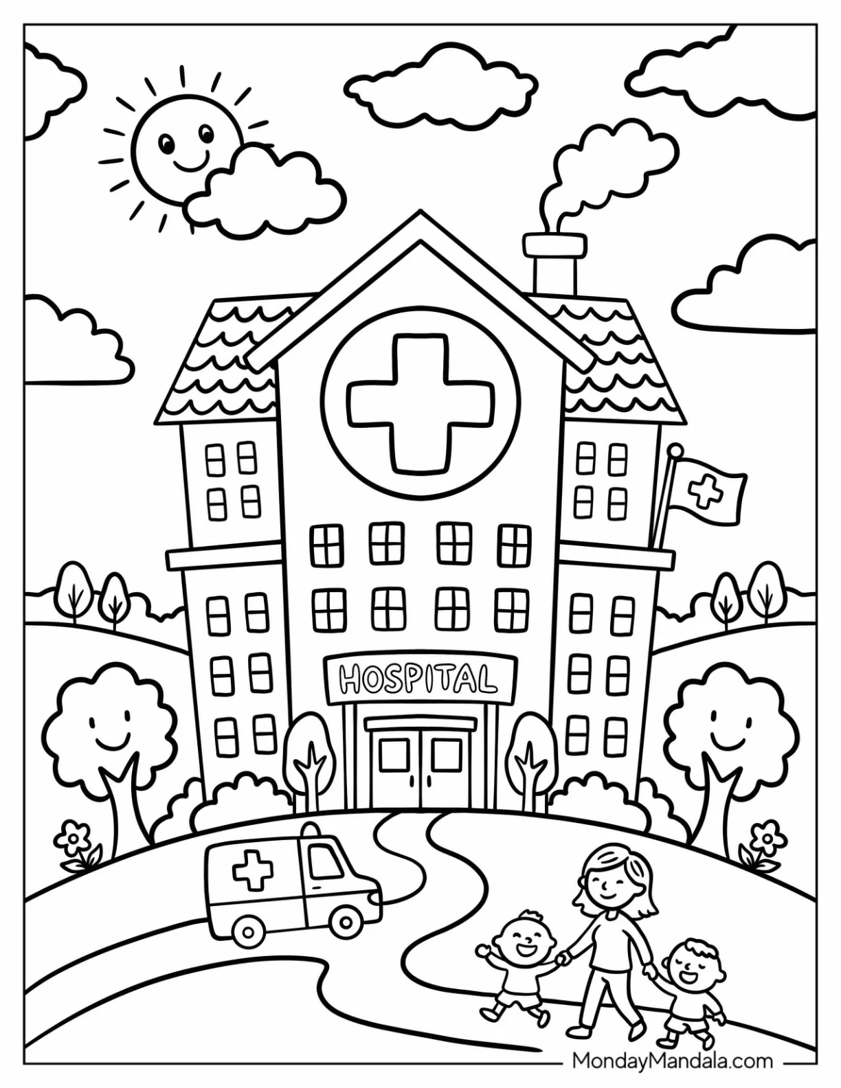 Nurse Walking with Children to the Hospital coloring page