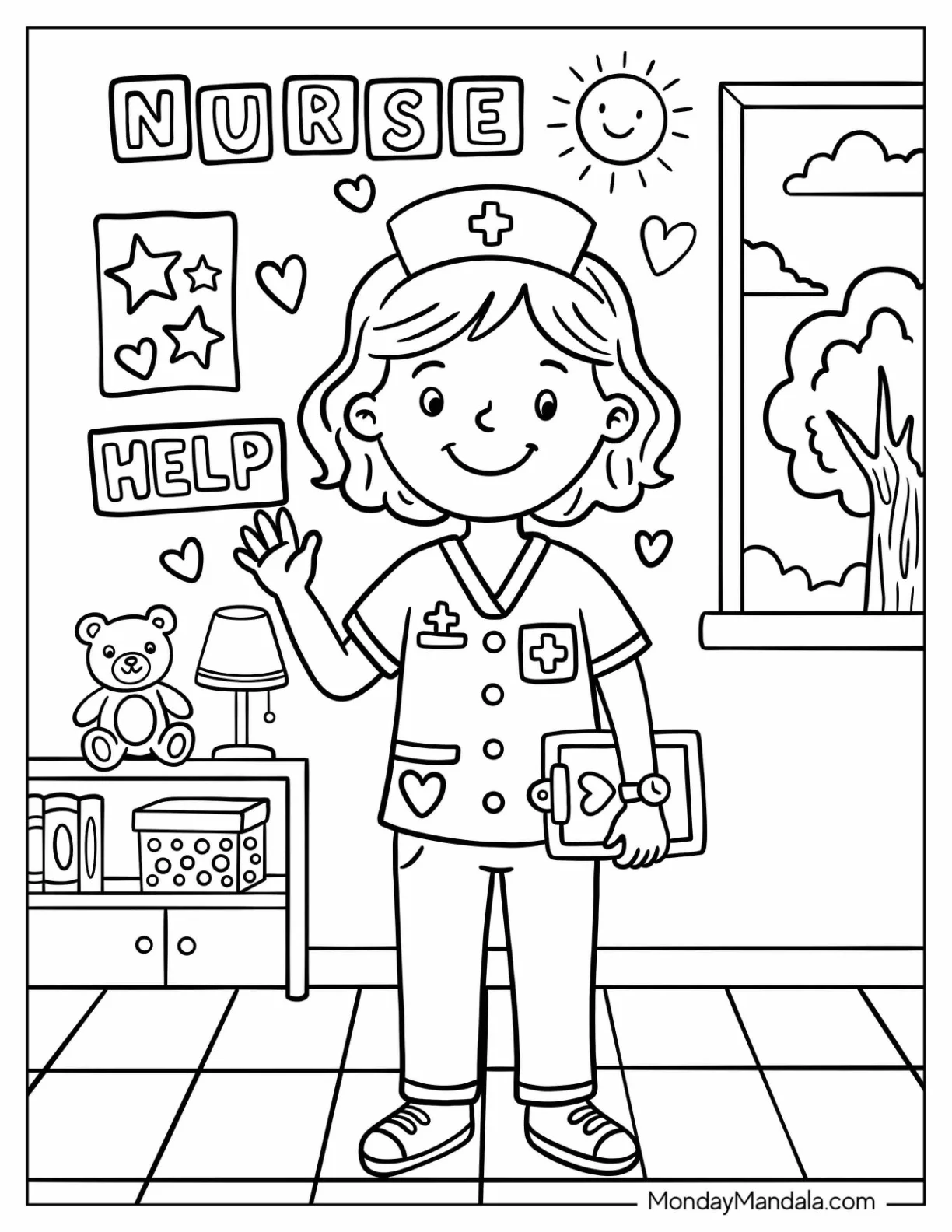 Pretty Nurse with Medical Chart Waving in a Children s Play Room coloring page