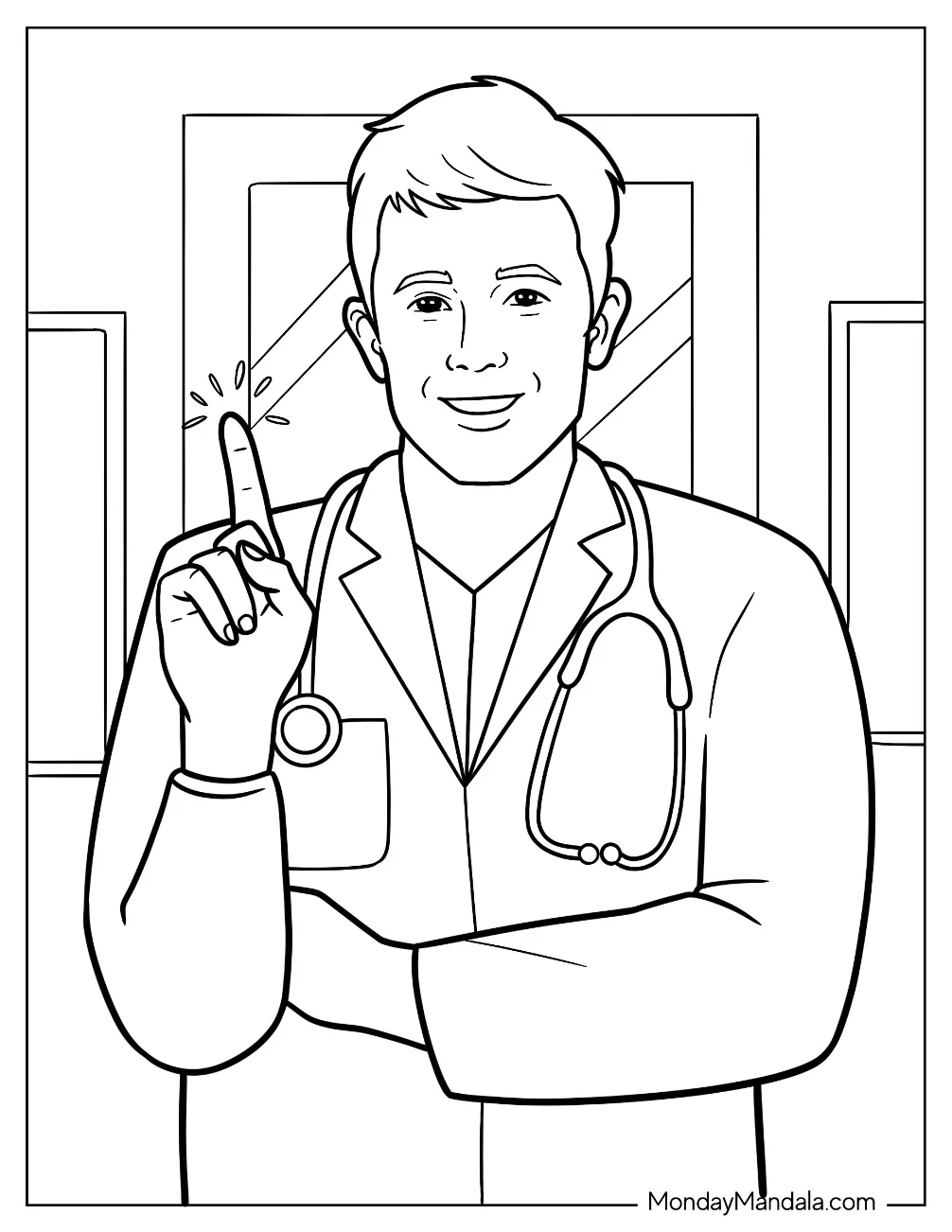 Realistic Doctor & Nurse Coloring Page In A White Coat With A Stethoscope coloring page