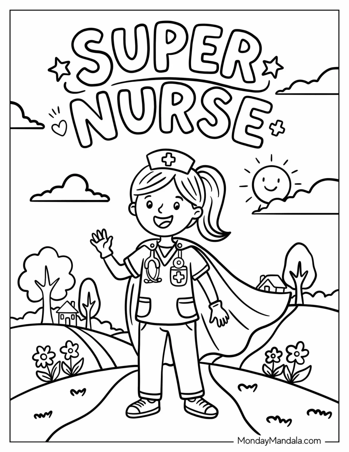 Super Nurse with a Cape in a Park Coloring Page coloring page