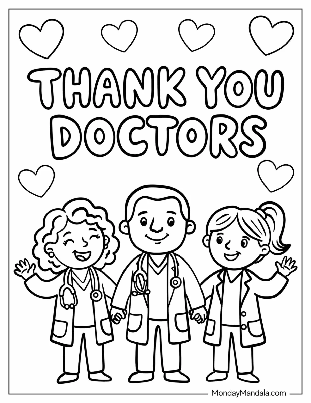 Thank You Doctors Text with Hearts Coloring Sheet coloring page