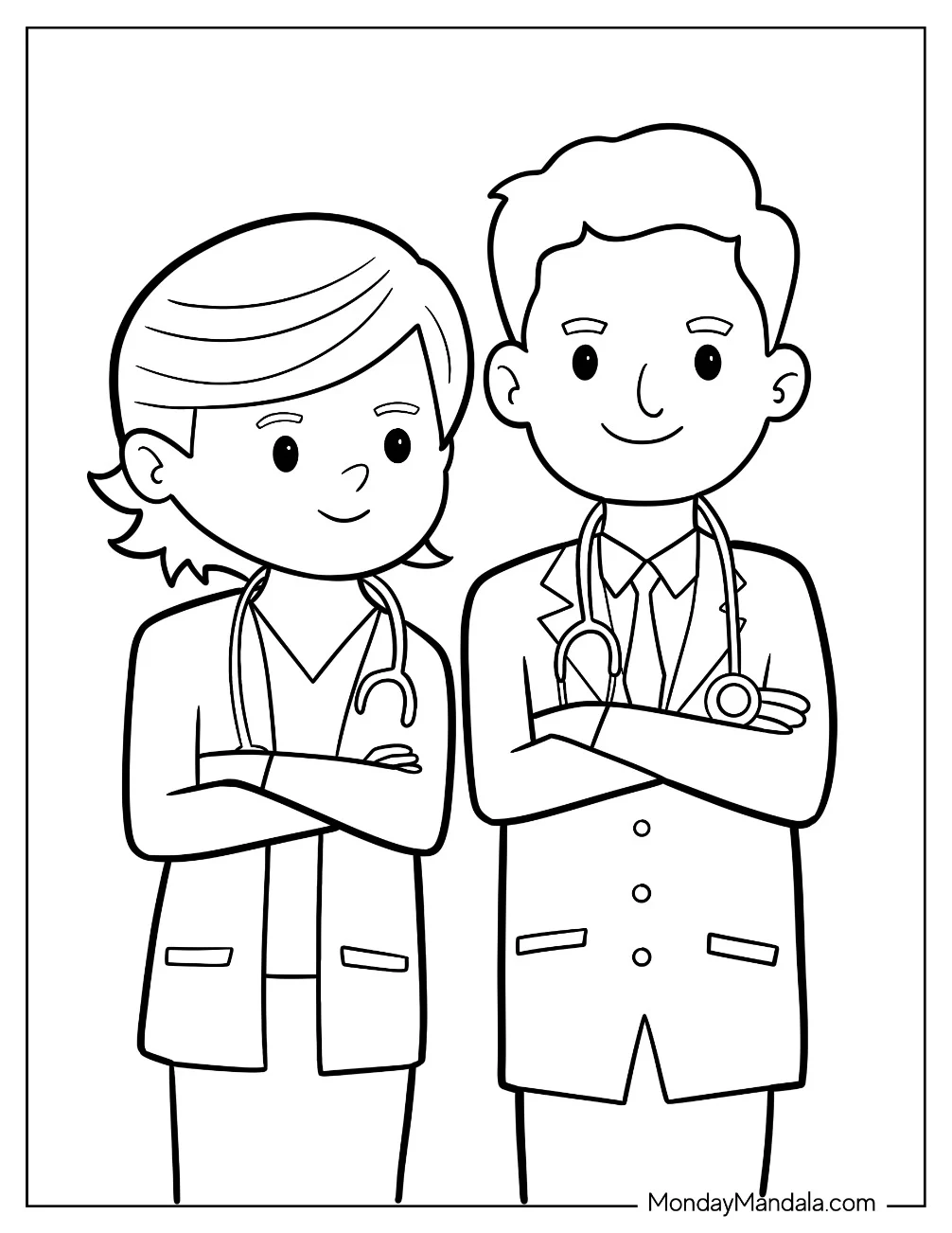 Two Cartoon Doctor & Nurse Coloring Page For Kids coloring page