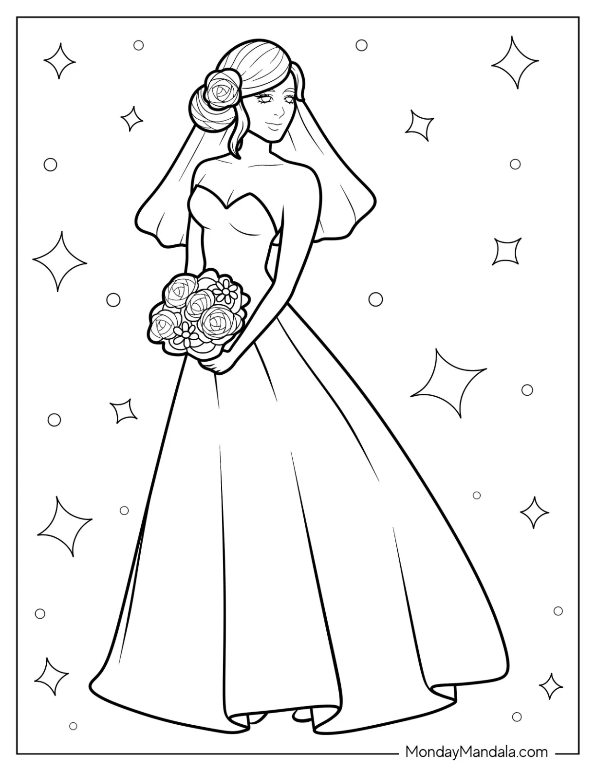 Bride Wearing Simple Dress Coloring Page With Short Veil coloring page