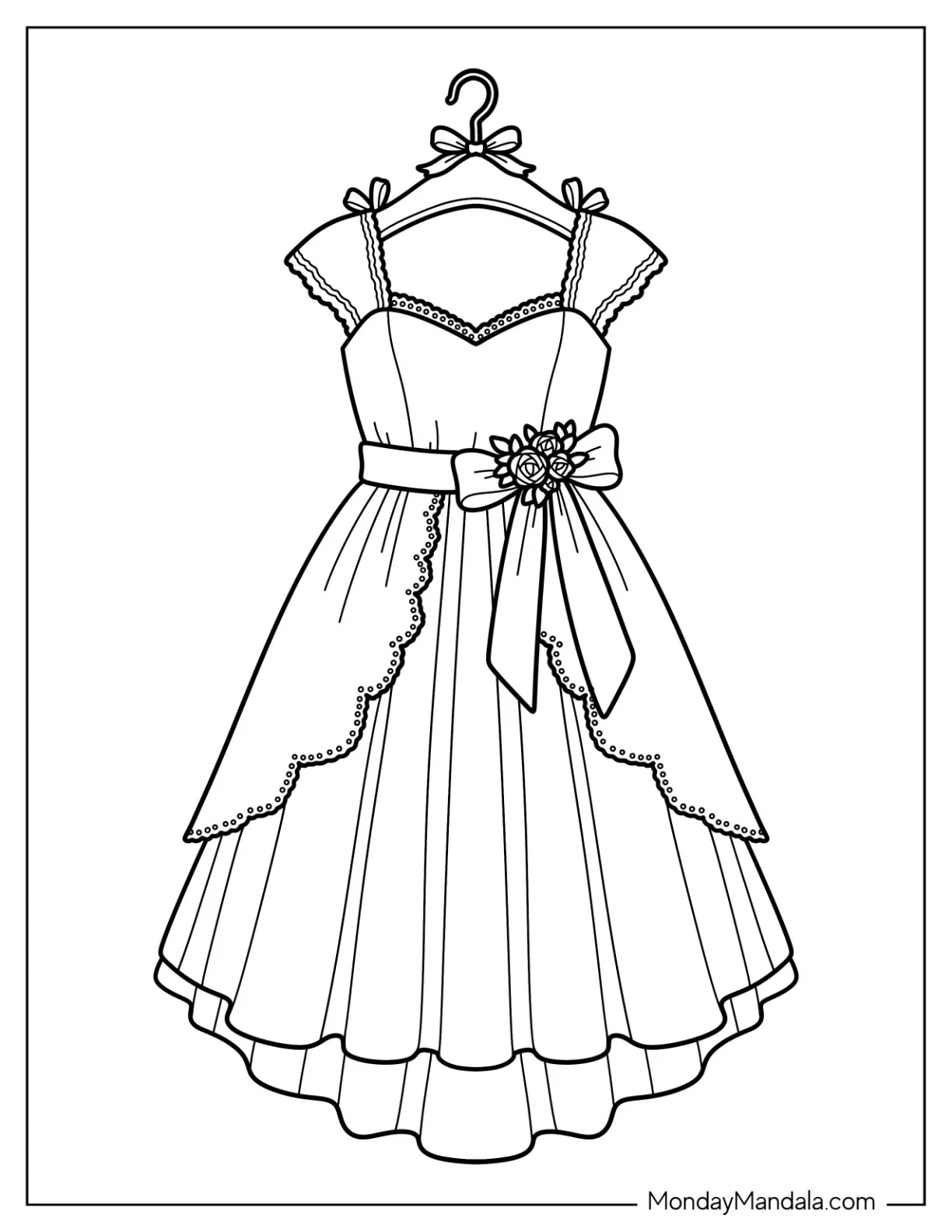 Elegant Layered Dress with Floral Sash Coloring Page coloring page