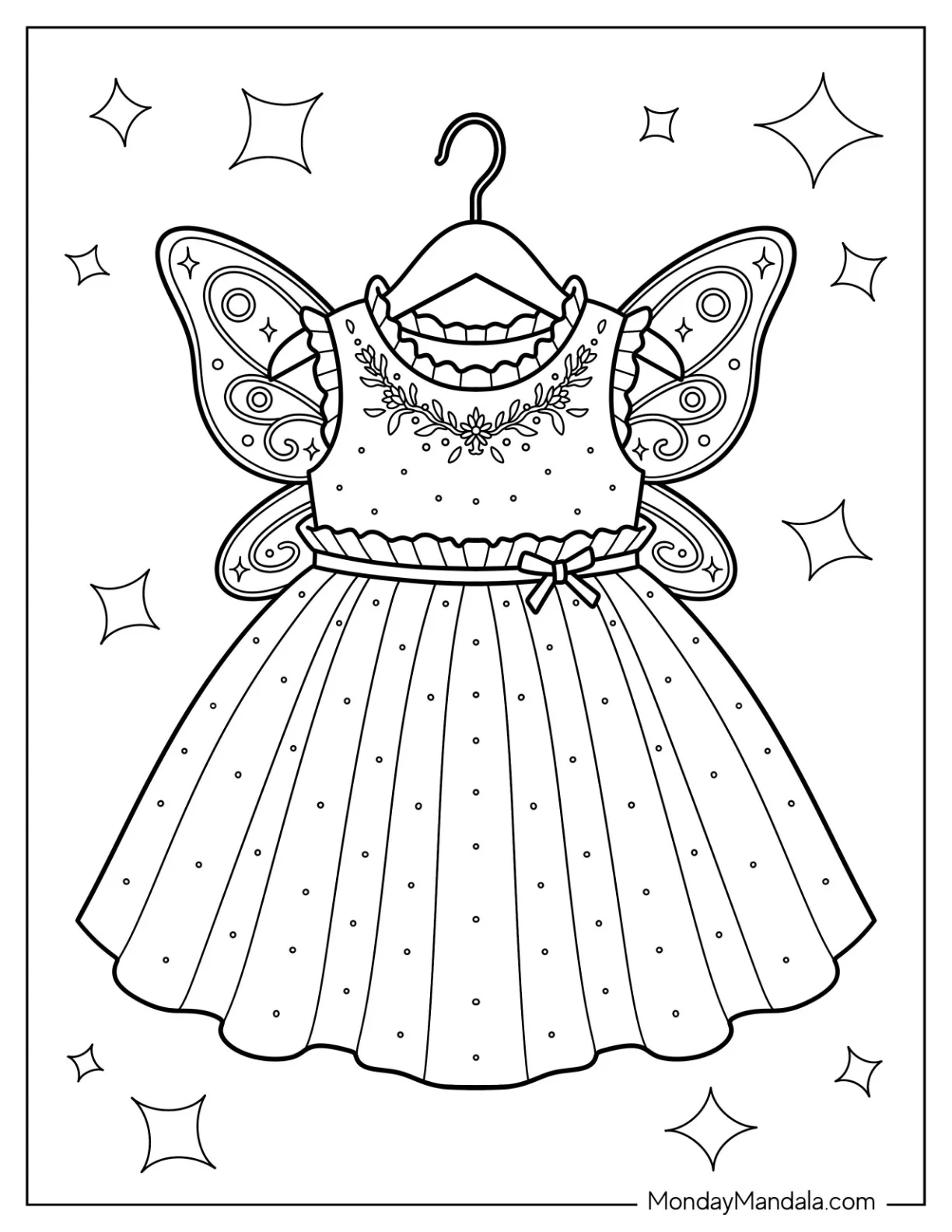 Fairy Dress with Butterfly Wings and Sparkling Details Coloring Sheet coloring page