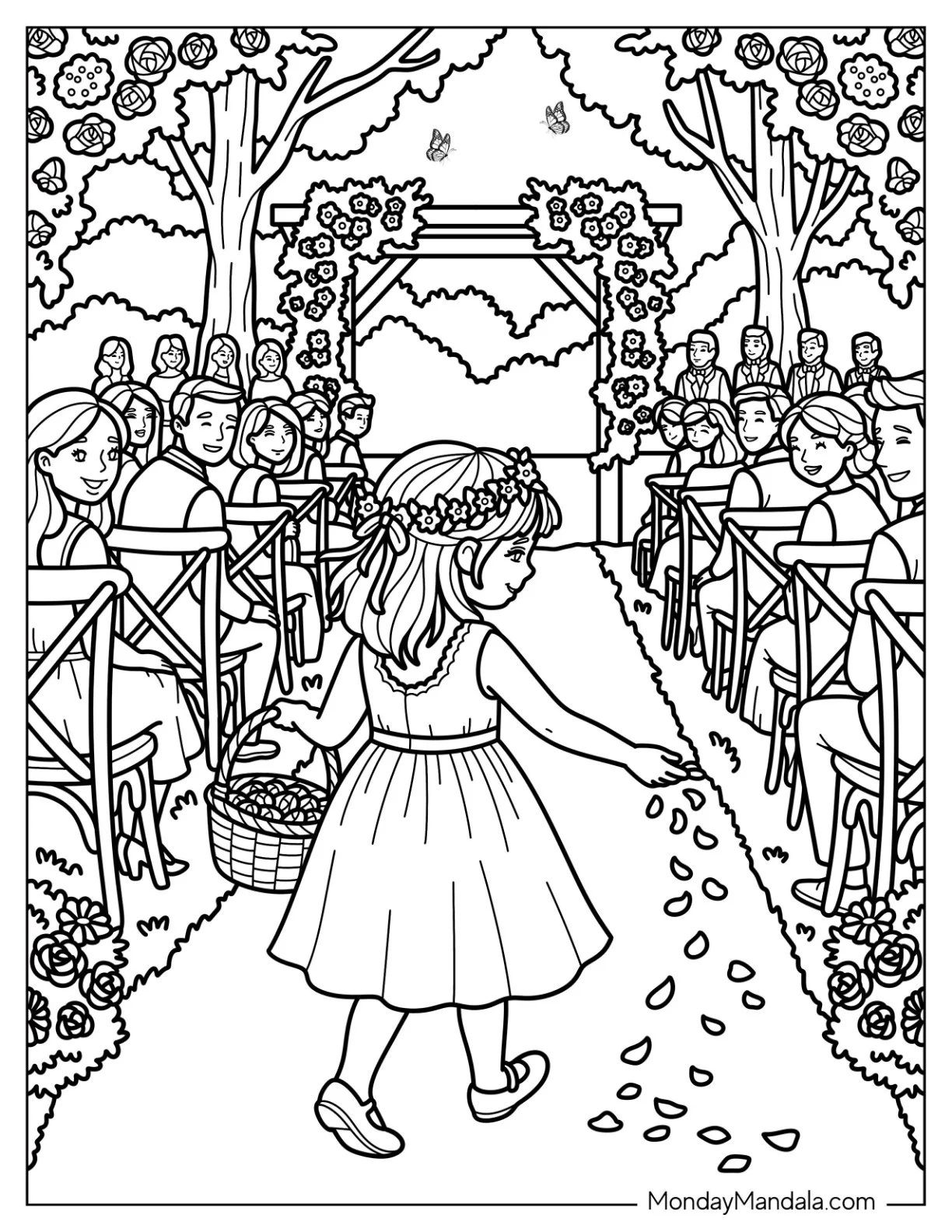 Flower Girl in a Cute Dress Scattering Petals in the Aisle Coloring Page coloring page