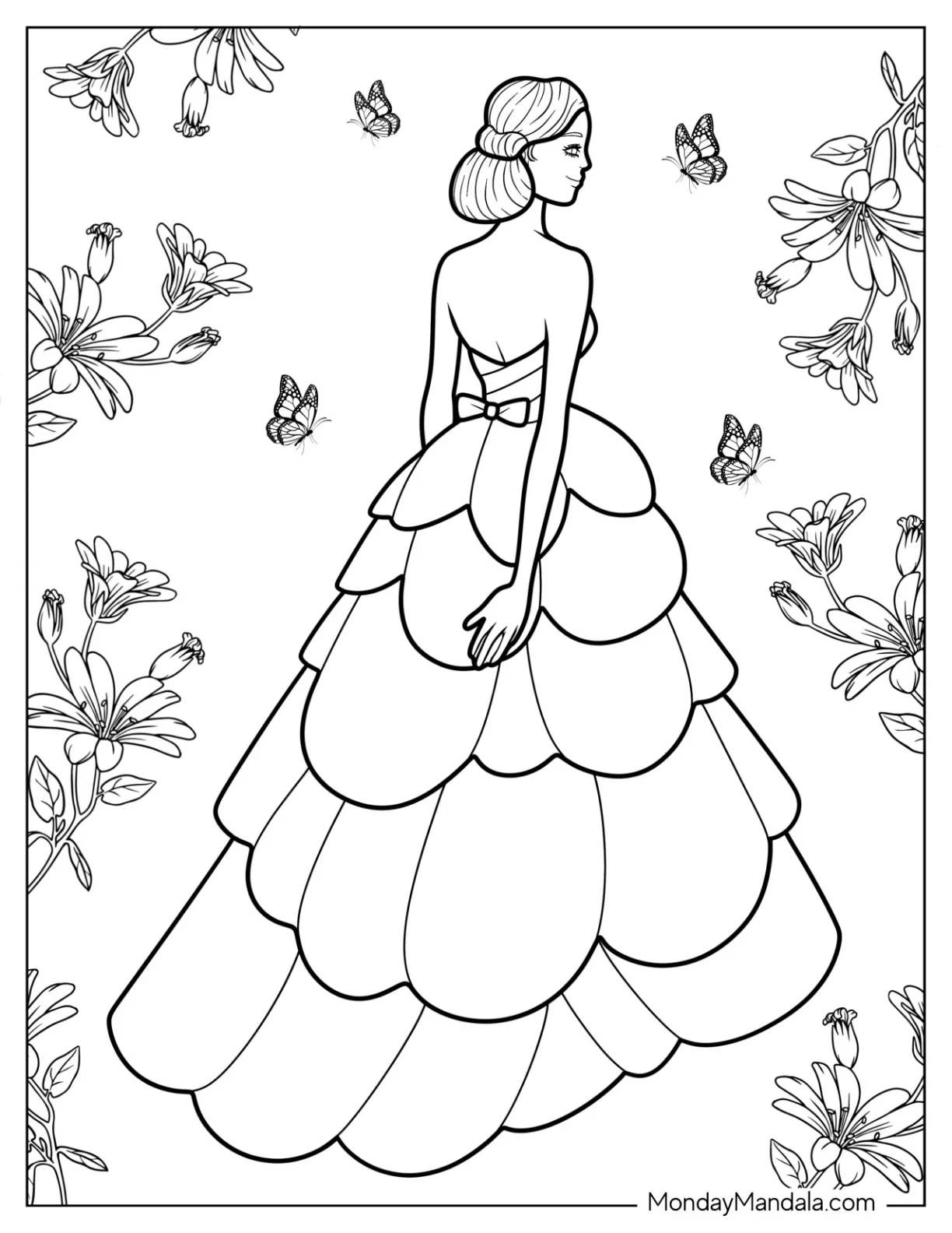 Formal Backless Dress Coloring Page With Tiered Skirt coloring page