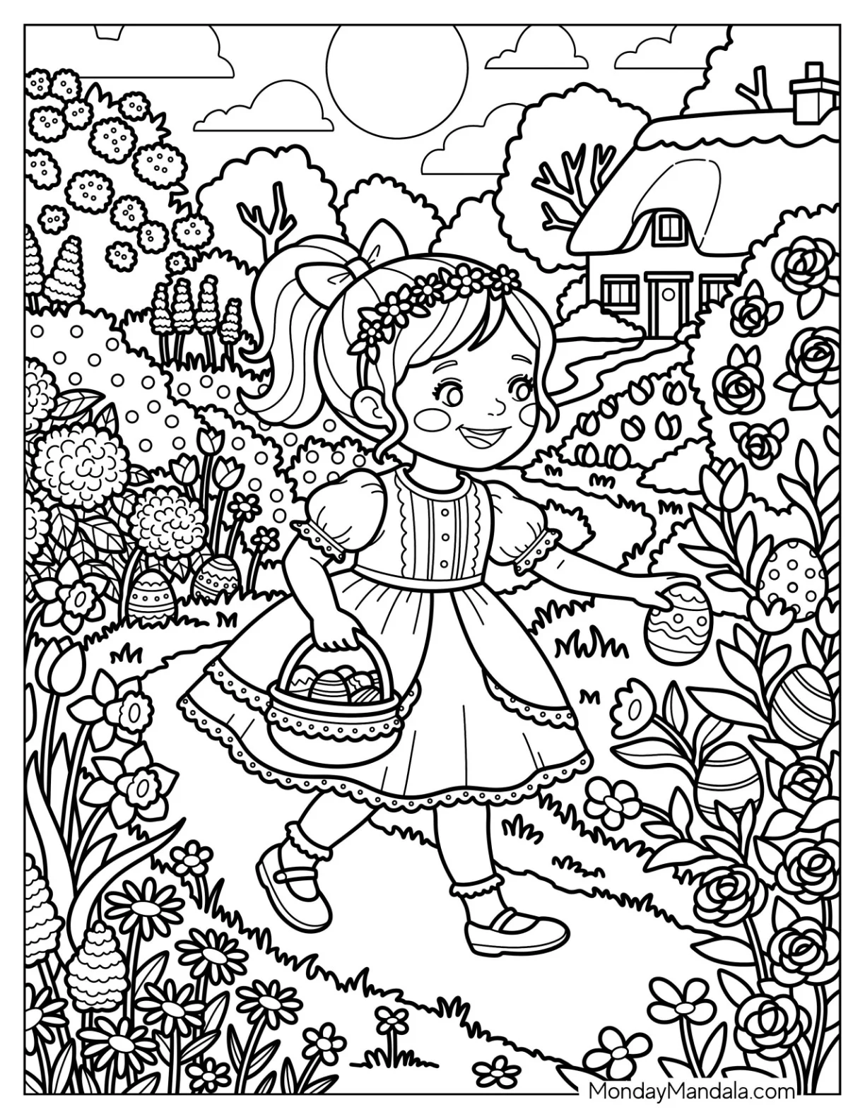 Girl Picking Flowers in a Garden Dress Coloring Sheet coloring page
