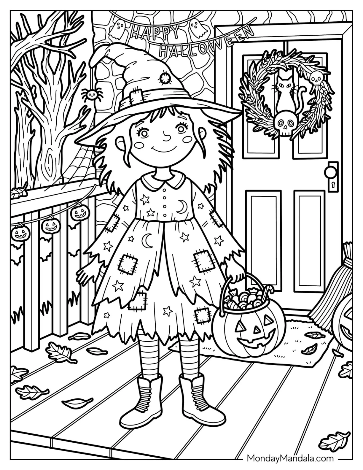 Girl Wearing a Patchwork Witch Dress for Halloween Coloring Sheet coloring page