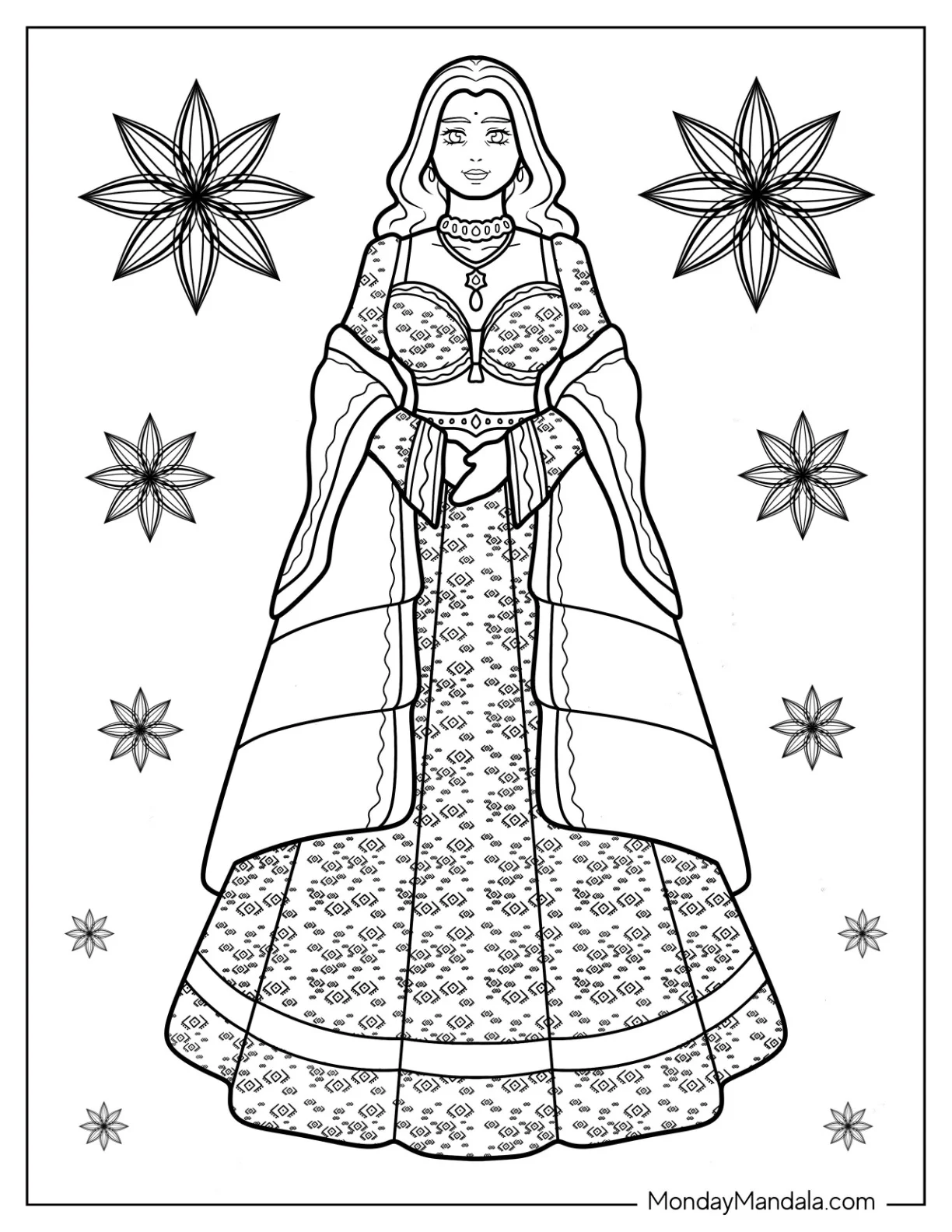 Indian Woman Wearing Elegant Sari Dress Coloring Page coloring page