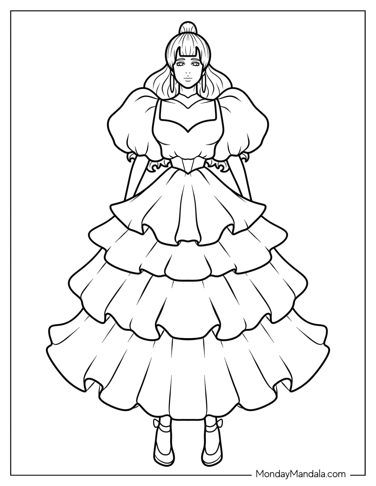 Long Dress Coloring Page With Puff Sleeves And Layered Skirt Coloring Page coloring page