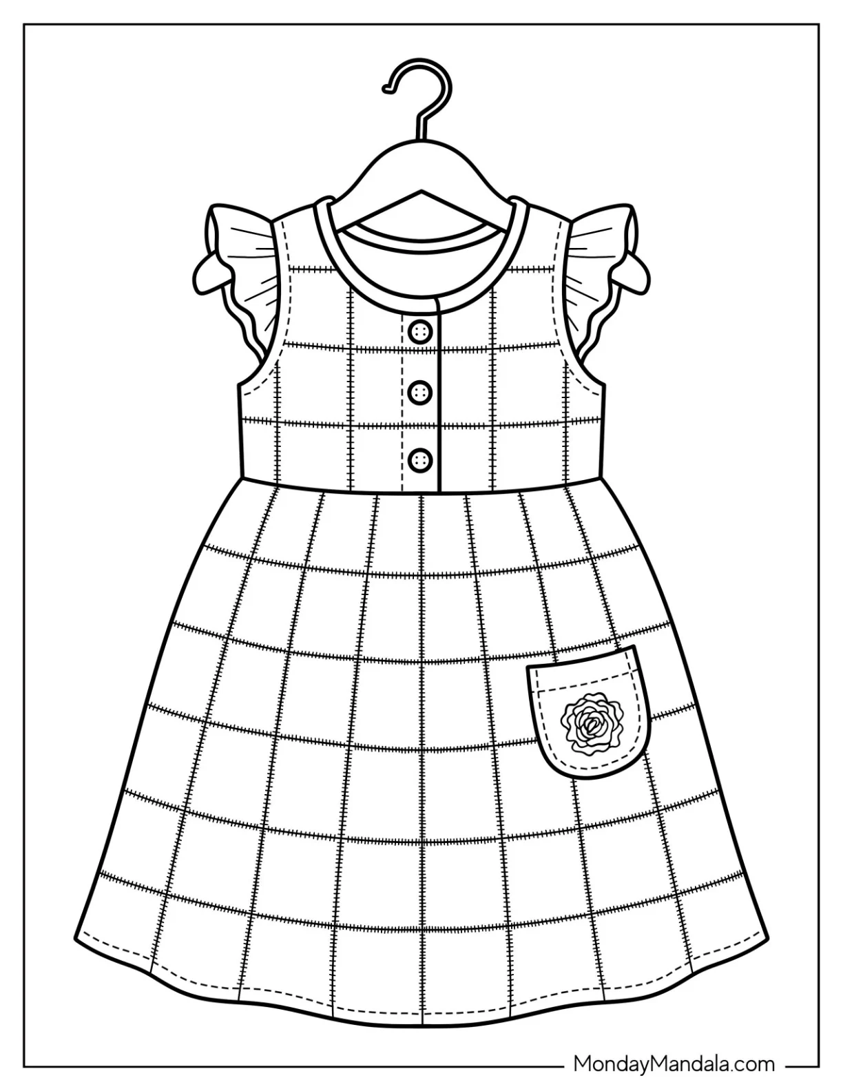 Plaid Ruffle Sleeve Dress with Floral Pocket Coloring Page for Kids coloring page