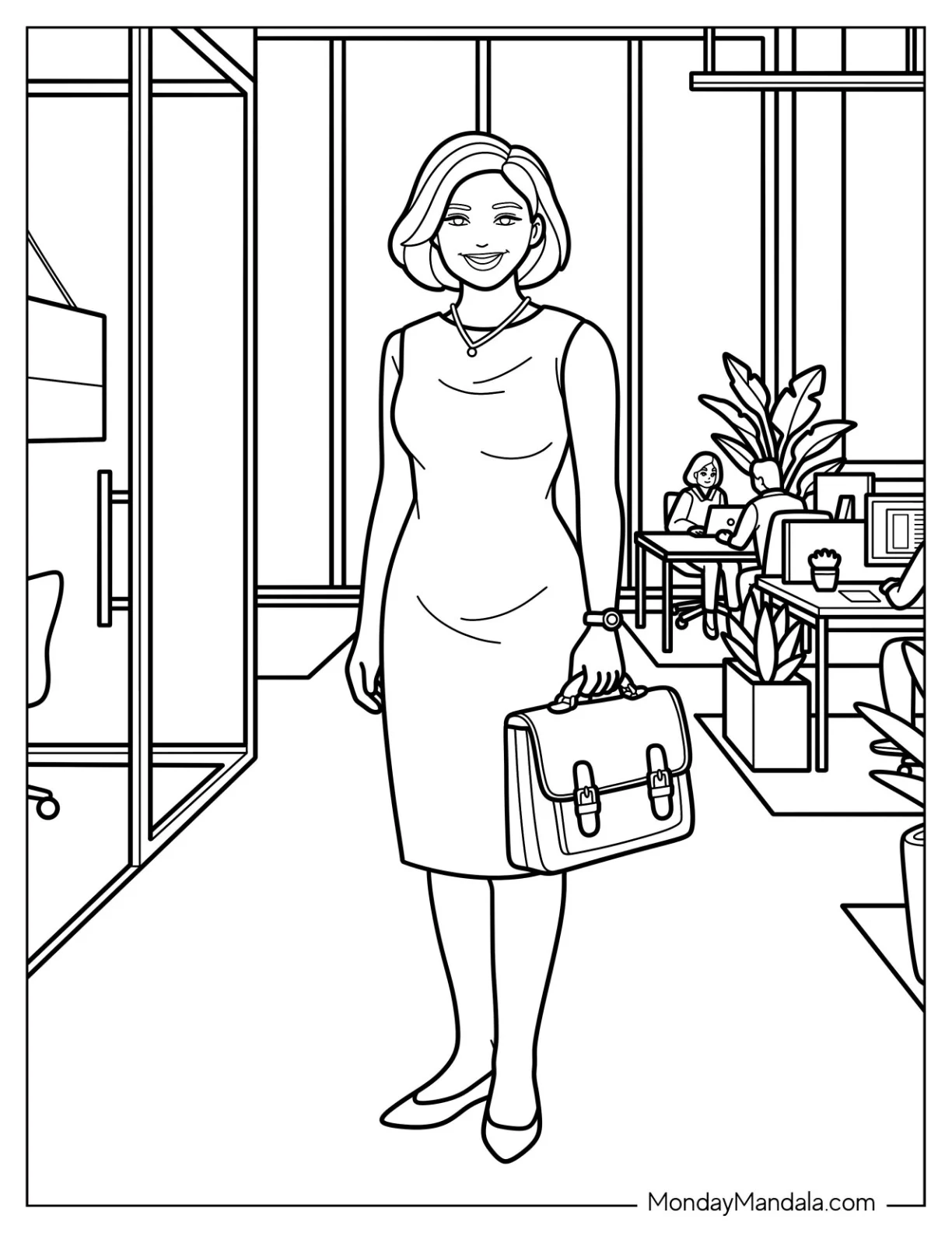 Professional Woman Wearing a Sleeveless Office Dress Coloring Page coloring page
