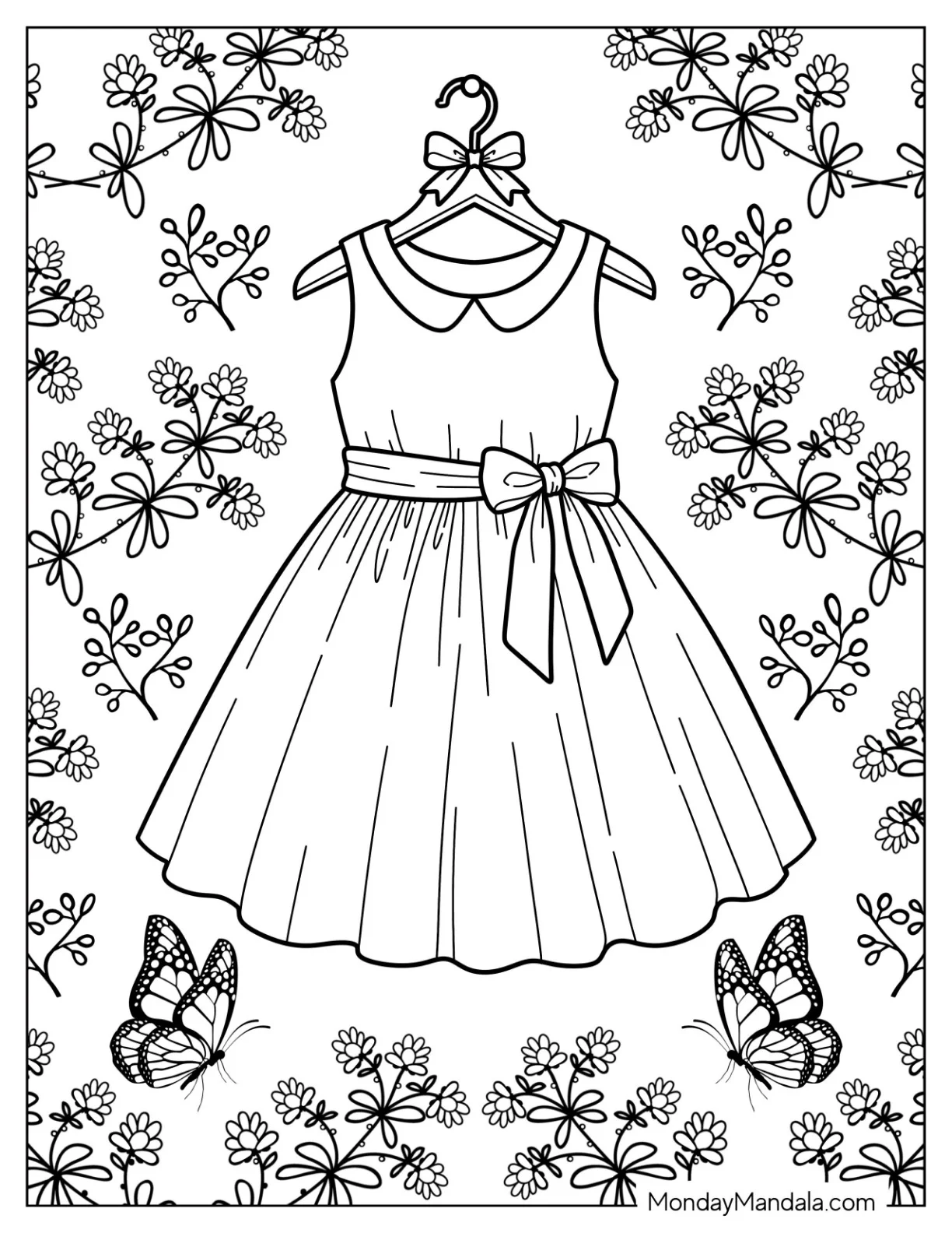 Sleeveless Bow Dress Surrounded by Flowers and Butterflies Coloring Page coloring page