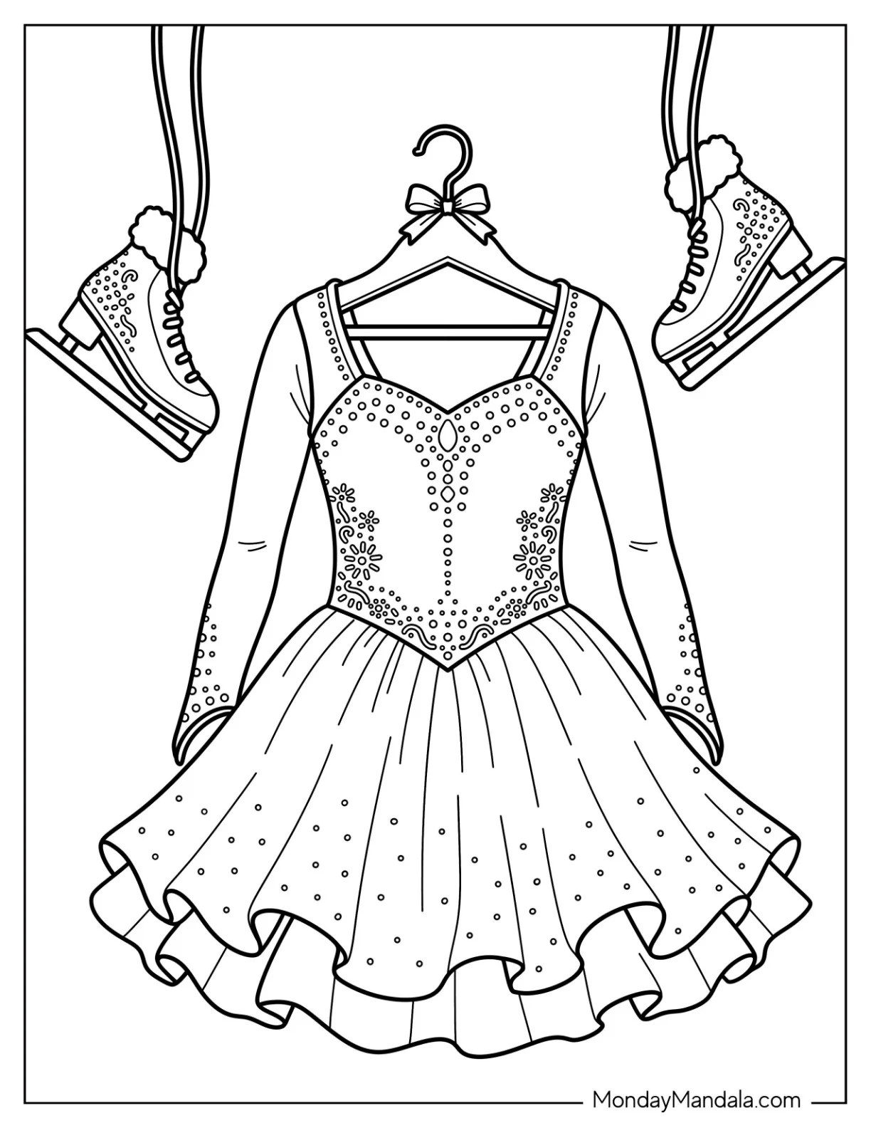Sparkling Figure Skating Dress with Ice Skates Coloring Sheet coloring page
