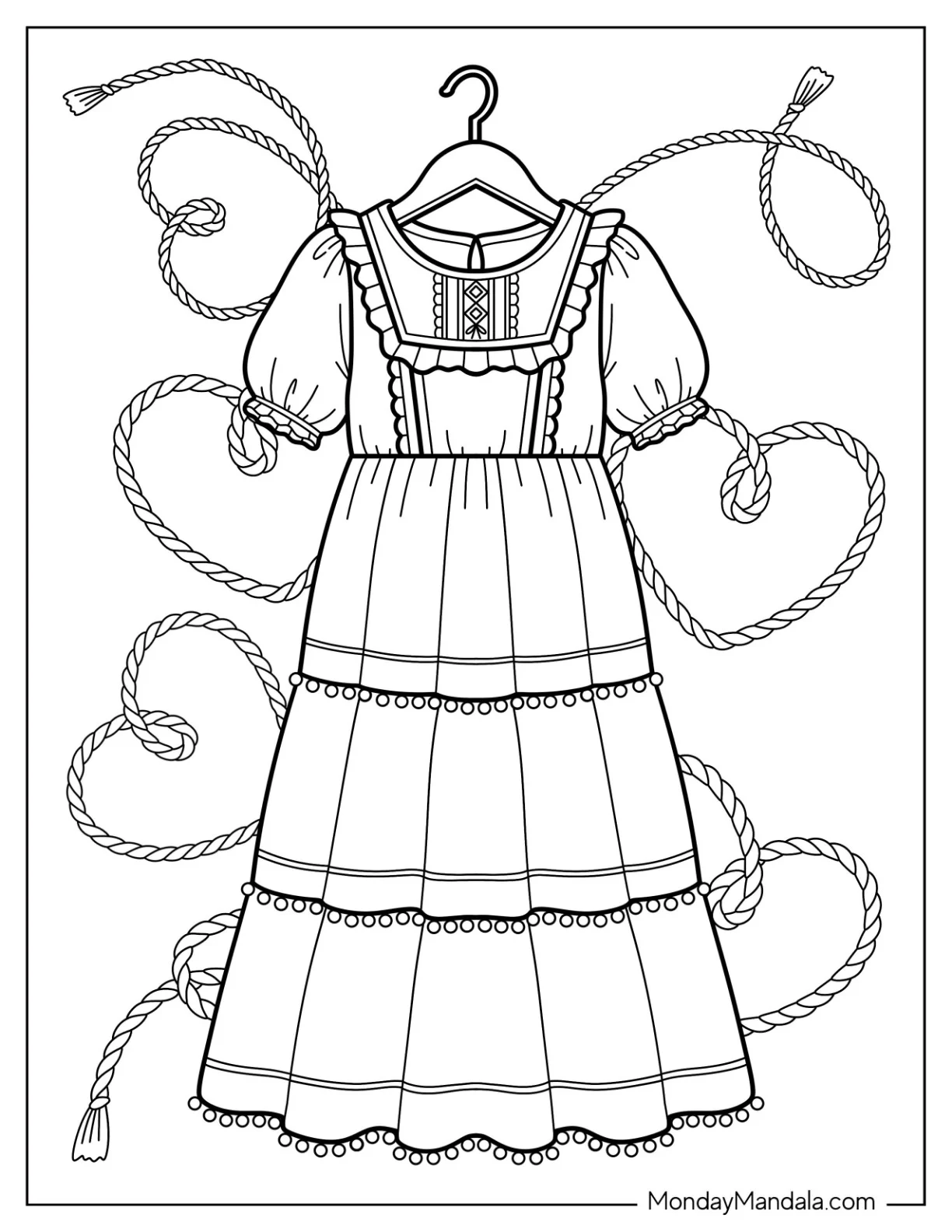 Tiered Prairie Dress with Puff Sleeves Coloring Page coloring page