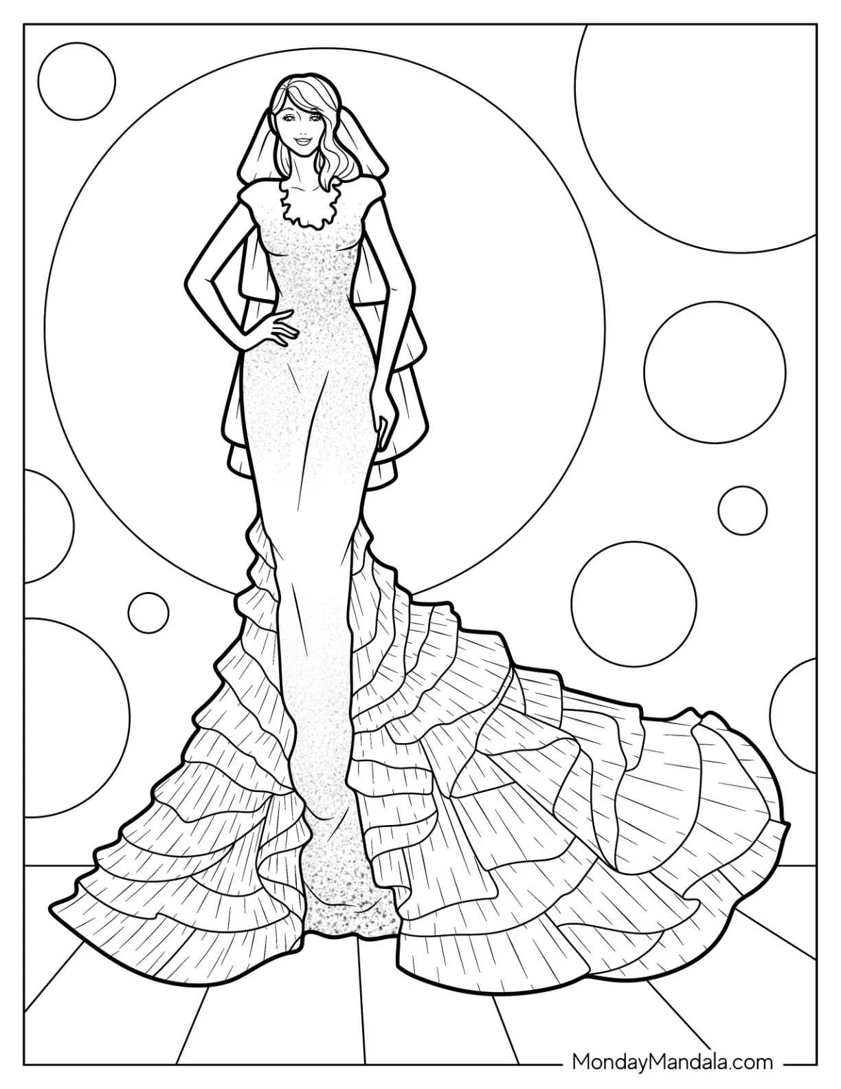 Wedding Dress Coloring Page With Short Sleeves And Tiered Tulle Tail coloring page