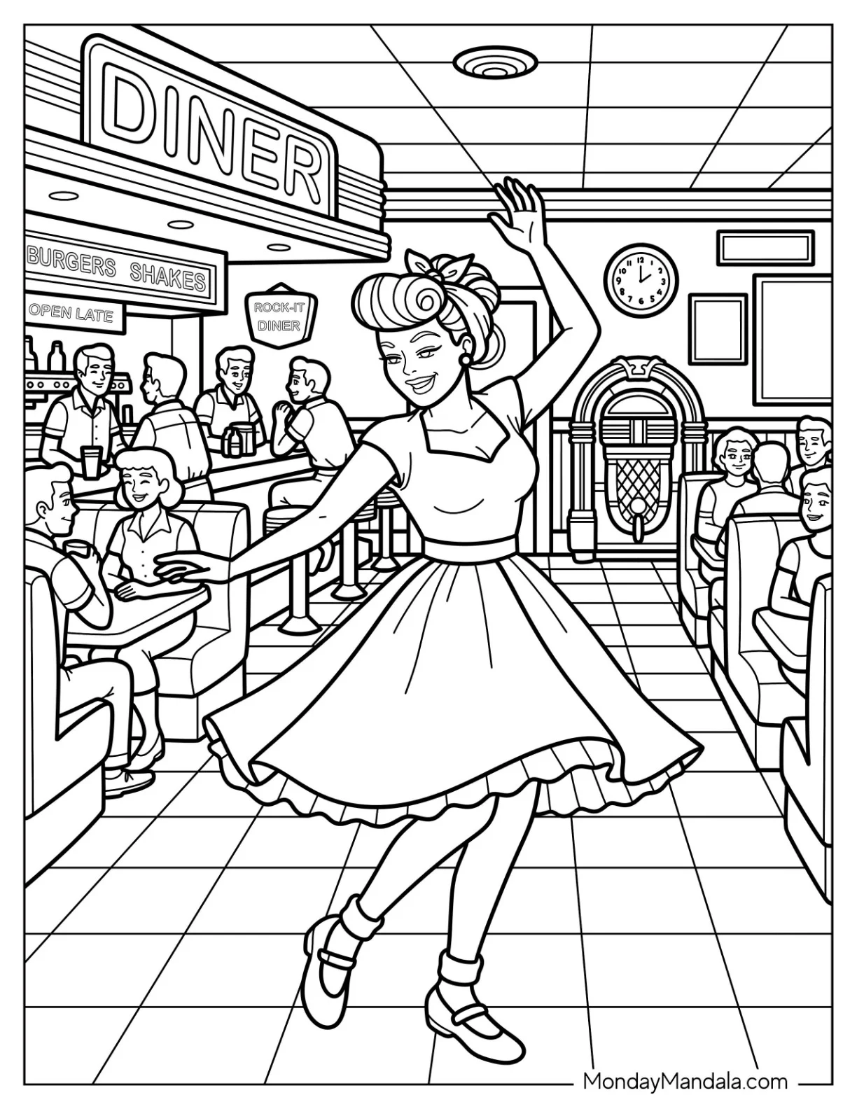Woman Dancing in a 1950s Diner Dress Coloring Sheet coloring page
