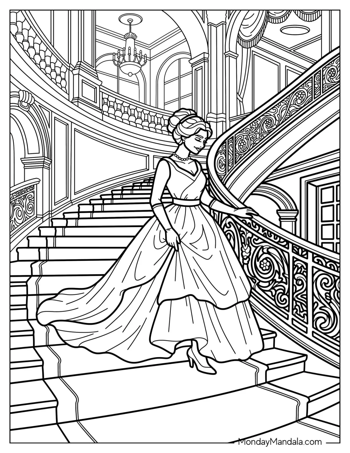 Woman Descending a Grand Staircase in an Elegant Ball Gown coloring page